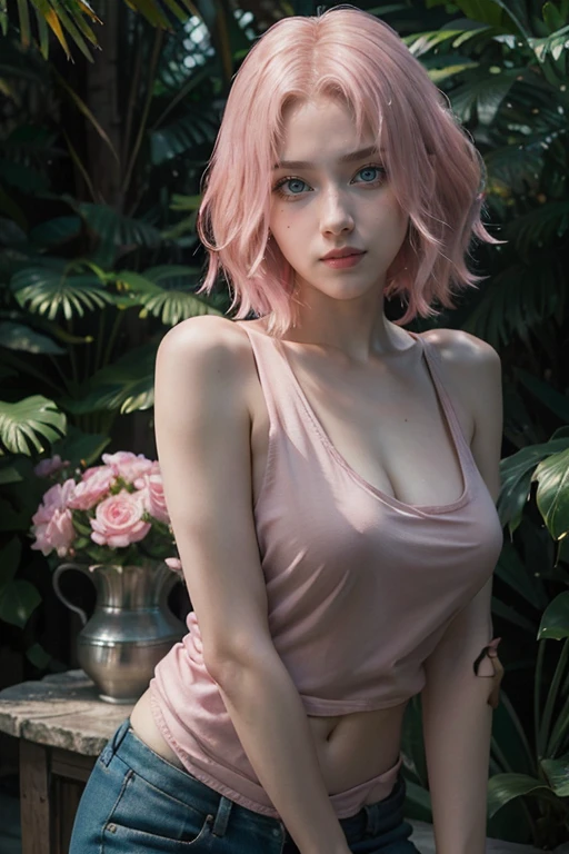 young woman, short shoulder-length pink hair, wide forehead, porcelain skin, pink eyebrows, big emerald green eyes, buttoned nose, full lips, heart-shaped face, slender body, small breasts, red tank top, Sakura Haruno , realistic, realism, details, 3d, well detailed
