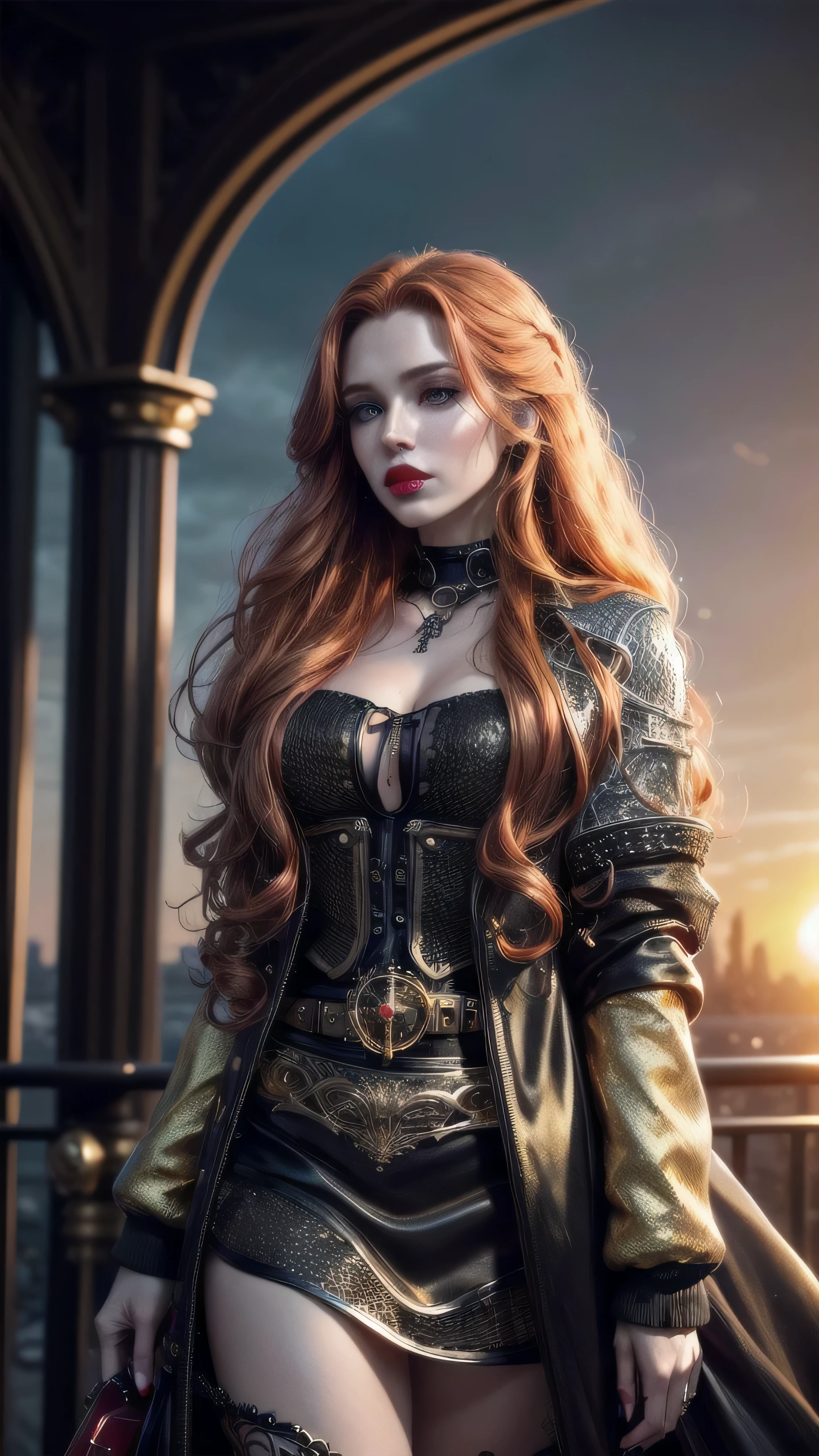 (masterpiece), (((extremely intricate:1.3))), (realistic), girl, (((long curly [blonde hair:bright ginger hair:0.4], (([flat chest:medium breasts:0.8])), upper body, ((makeup:1.6, perfectchainmail, gold clockwork, black jacket), red lips, bright sunlight, sunset, tattoo:1.4, silk shirt)))), outdoors, metal reflections, ((((futuristic apocalyptic city destroyed, faraway crater)))), professional photograph, soft focus, dramatic, award winning, cinematic lighting, volumetrics dtx, (film grain, blurry background, blurry foreground, bokeh, depth of field), 8K
