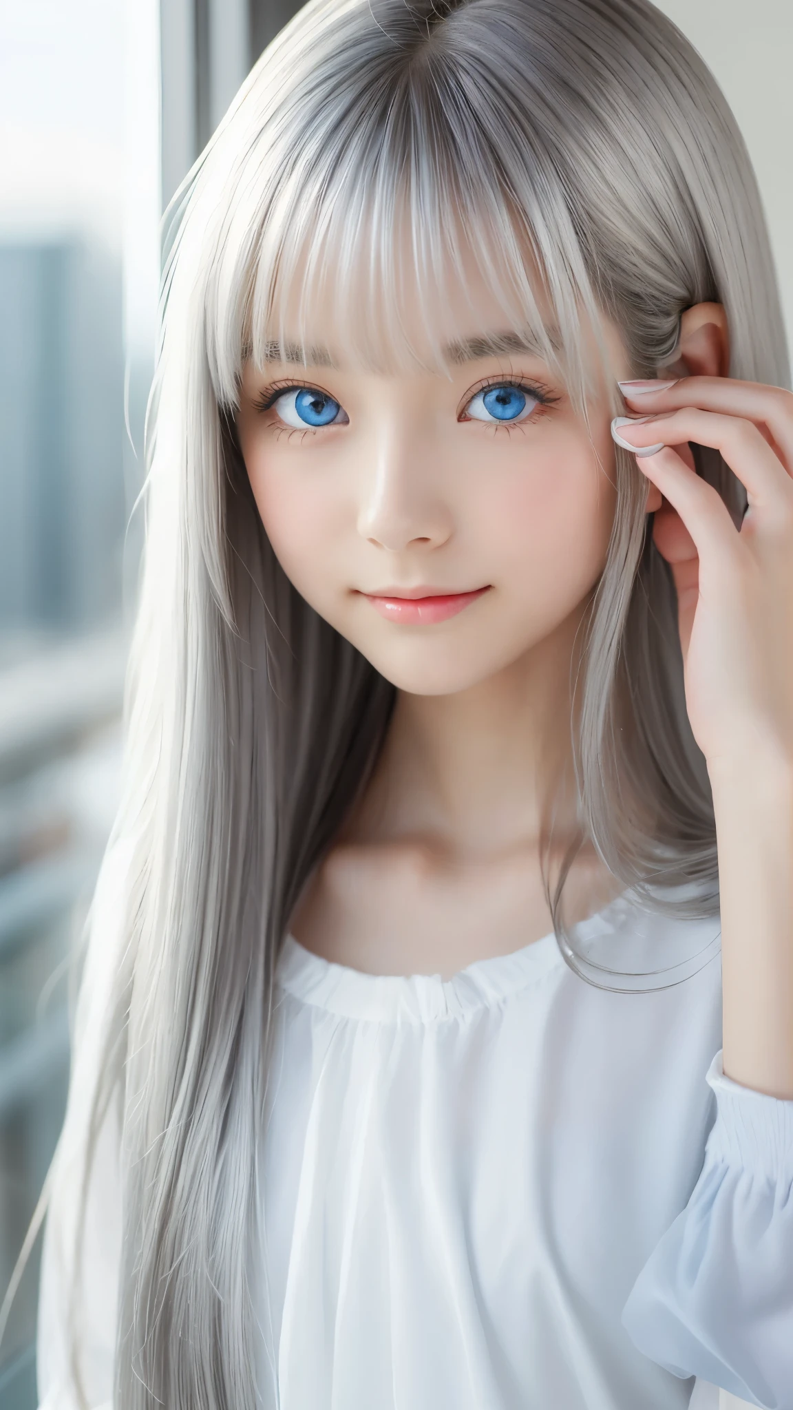 Shining, clear, white skin、Her windblown silver hair hides her beautiful face.、huge、28 years old cute sexy little beautiful face、Beautiful straight hair that stands out、growing up, Sparkling light blue eyes、long silky bangs that cover cute eyes, Sexy and cute young woman with super long hair hiding her sexy face、shining silver hair