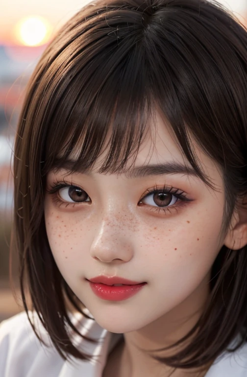 1 girl, 23 years old, south korean, idol, masterpiece, perfect face, soft skin, freckles under eyes, short whavy brown hair, bowlcut hair, shining bright purple eyes, red eyeliners, red lips, big smile, closed mouth, touching cheeck, natural makeup, soft lighting, bright colors, sunset background, face focus, face closeup.
