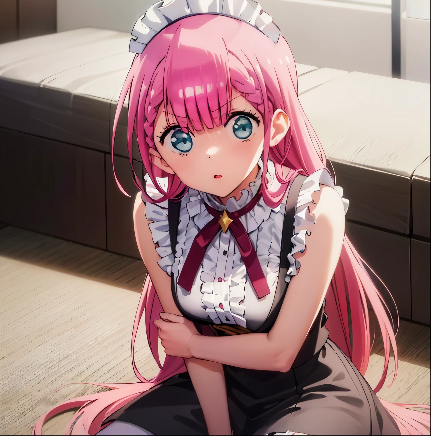 1 girl, alone, mafuyu kirisu, mafuyu kirisu, blue eyes, braid, long hair, twin braids, pink hair, black maid outfit with white details, white katyusha on the head, long sleeveless, short skirt, exposed waist, bare legs, white stockings, black heels, looking at viewer, interior, bed, (masterpiece:1.2), best quality, high resolution, unity 8k wallpaper, (artwork:0.8), (beautiful detailed eyes: 1.6), extremely detailed face, perfect lighting, extremely CG detailed (perfect hands, perfect anatomy), 