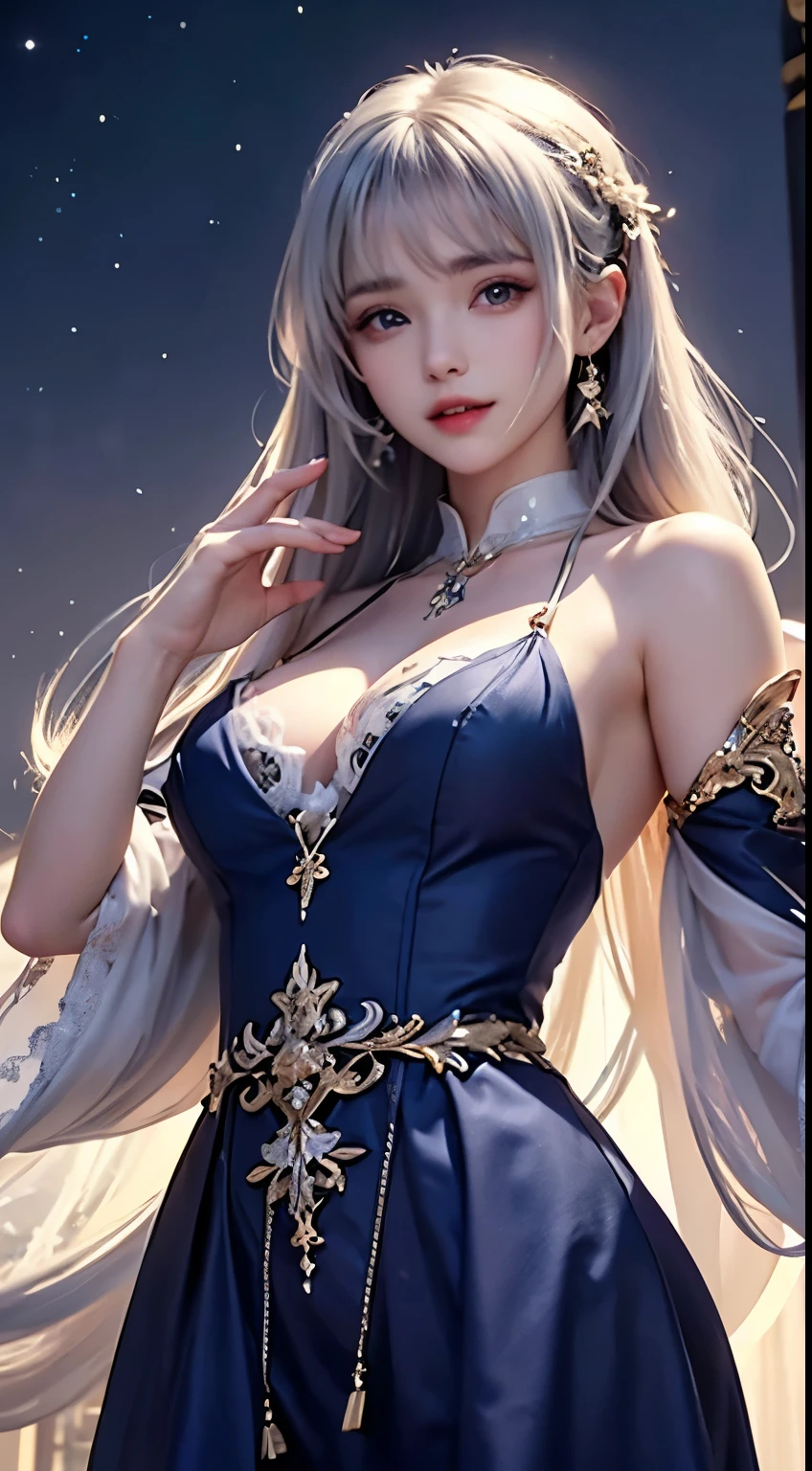 Night scene,（White Hair Girl:1.5）,（（masterpiece））、（detailed：1.4）（Close-up）、angle from above、（Backlight）(A fantastic atmosphere、Ancient Capital、Fantastic beauty images,One Woman、White Dust、Light Danceysterious atmosphere、Suspended particles), (Black Dress、long dress with sleeves、Dancing Girl、Put your hand to your mouth)、（Gray hair that changes with light、Long, lustrous white hair、white hair fluttering in the wind、Beautiful bangs:1.3）、（Beautiful white and shining skin、Cheek gloss highlight、Sexy and very beautiful and adorable face、The most beautiful face in the world、Big, sparkling blue eyes）、（A cute 25 year old girl、Ample breasts、Great cleavage small waist、delicate shoulders、Perfect figure） Look here、Laugh mischievously
