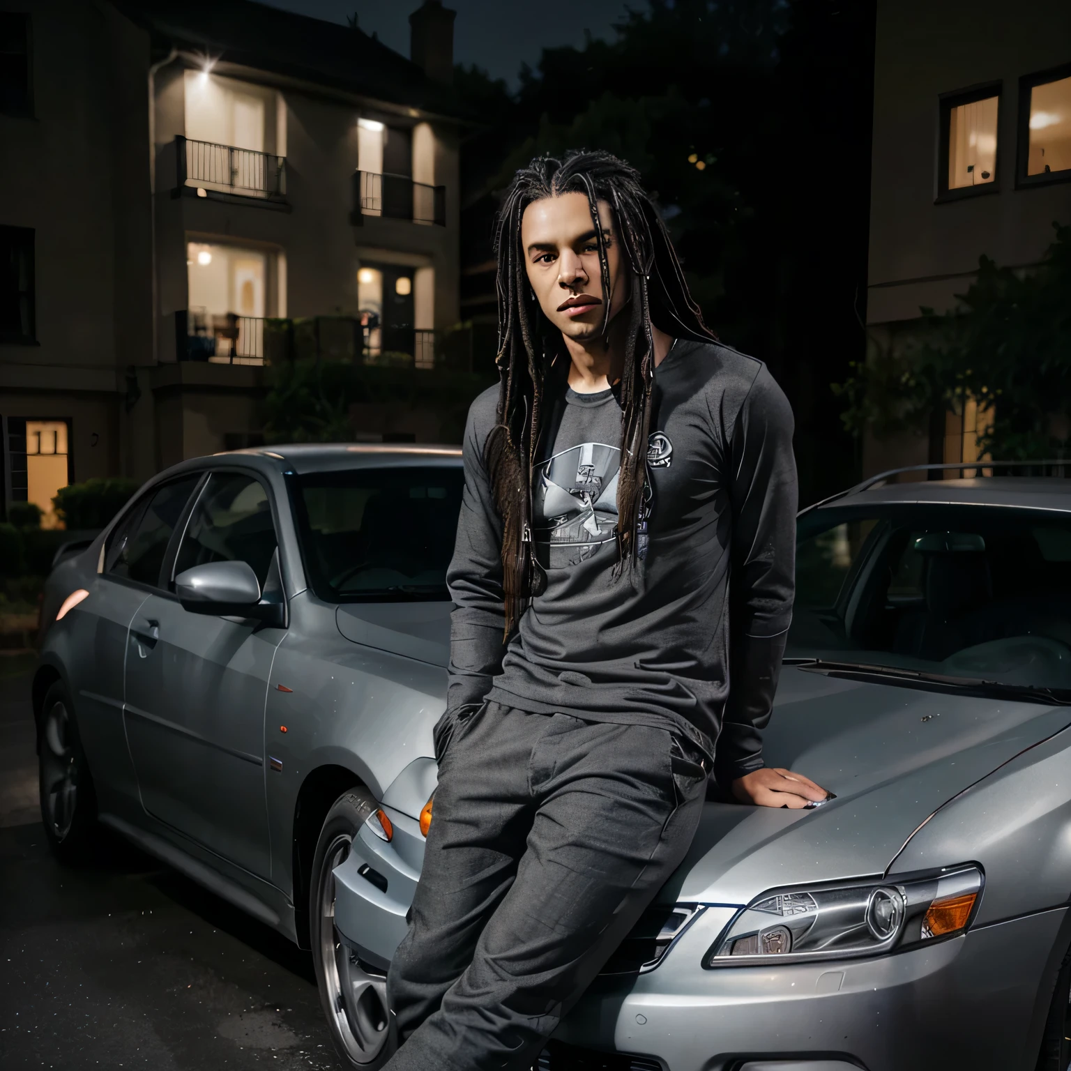 Black, 1boy, black hair dreadlocks, powerful, grey eyes, dark grey eyes, silver eyes, long hair, muscular, car guy, leaning against Honda, leaning on silver car, leaning on grey car, night time, by house, goth outfit, 