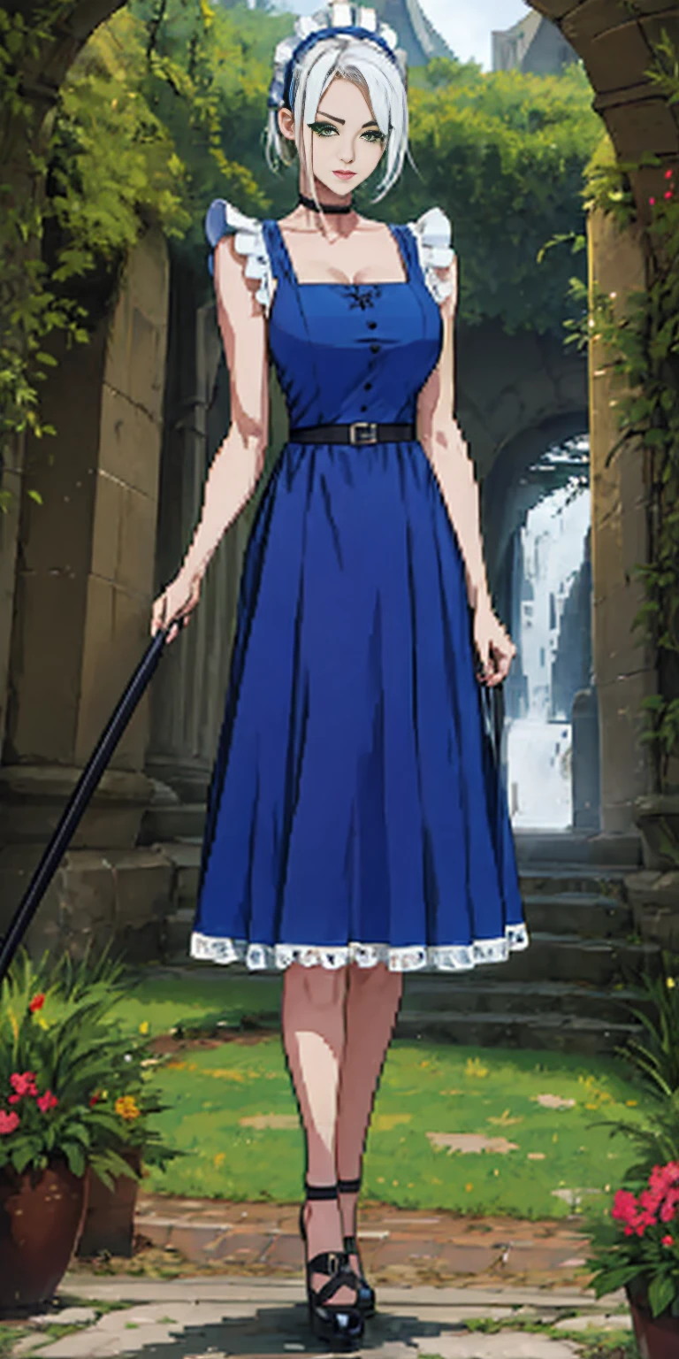 (masterpiece, top quality, best quality), pixel, pixel art, 1girl, full body, white hair, green eyes, blue maid dress