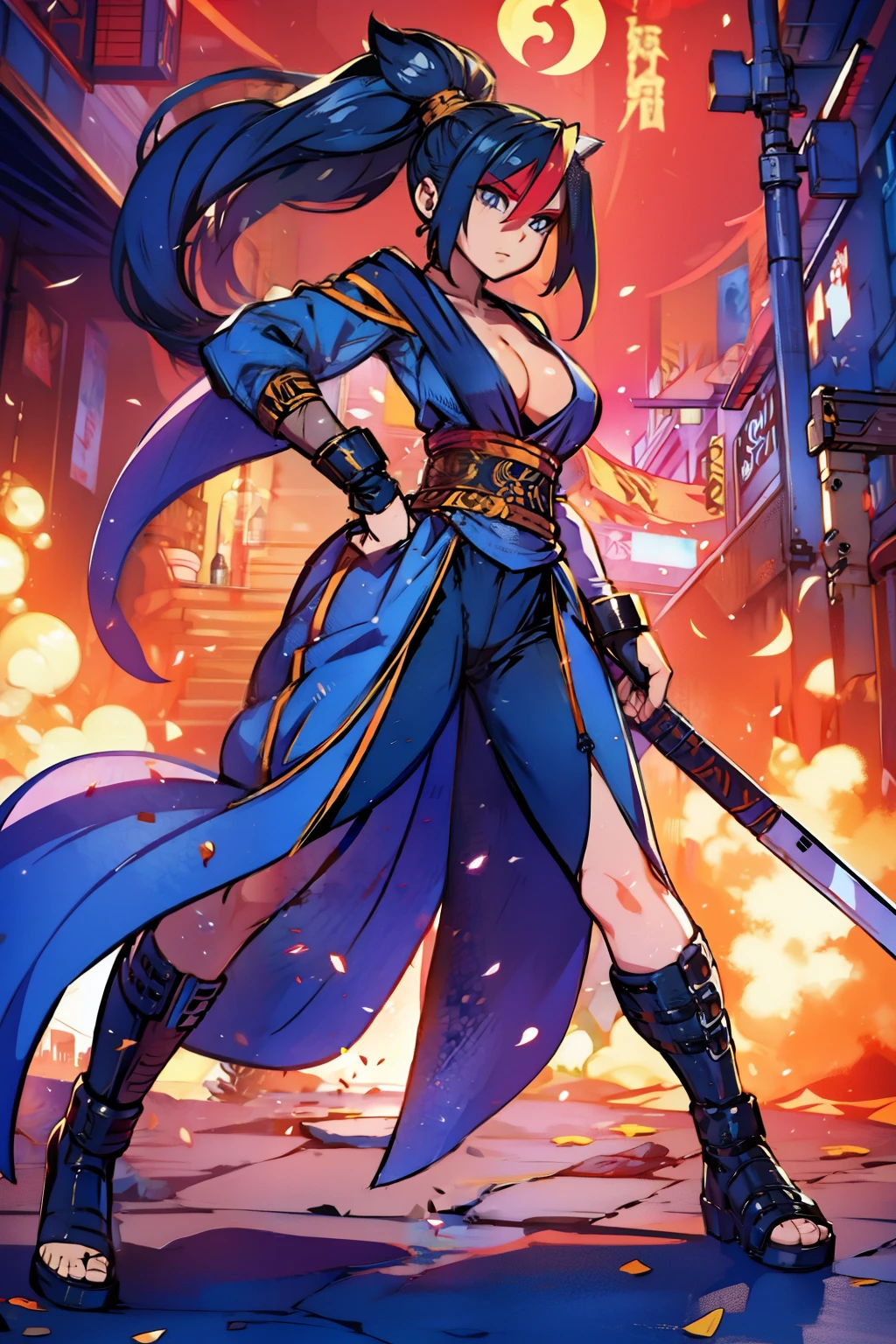 gorgeous woman, holding a giant katana on her shoulder, perfect face, ultra long hair, standing, ultra detailed face, kunoichi, perfect giant katana, heavy katana