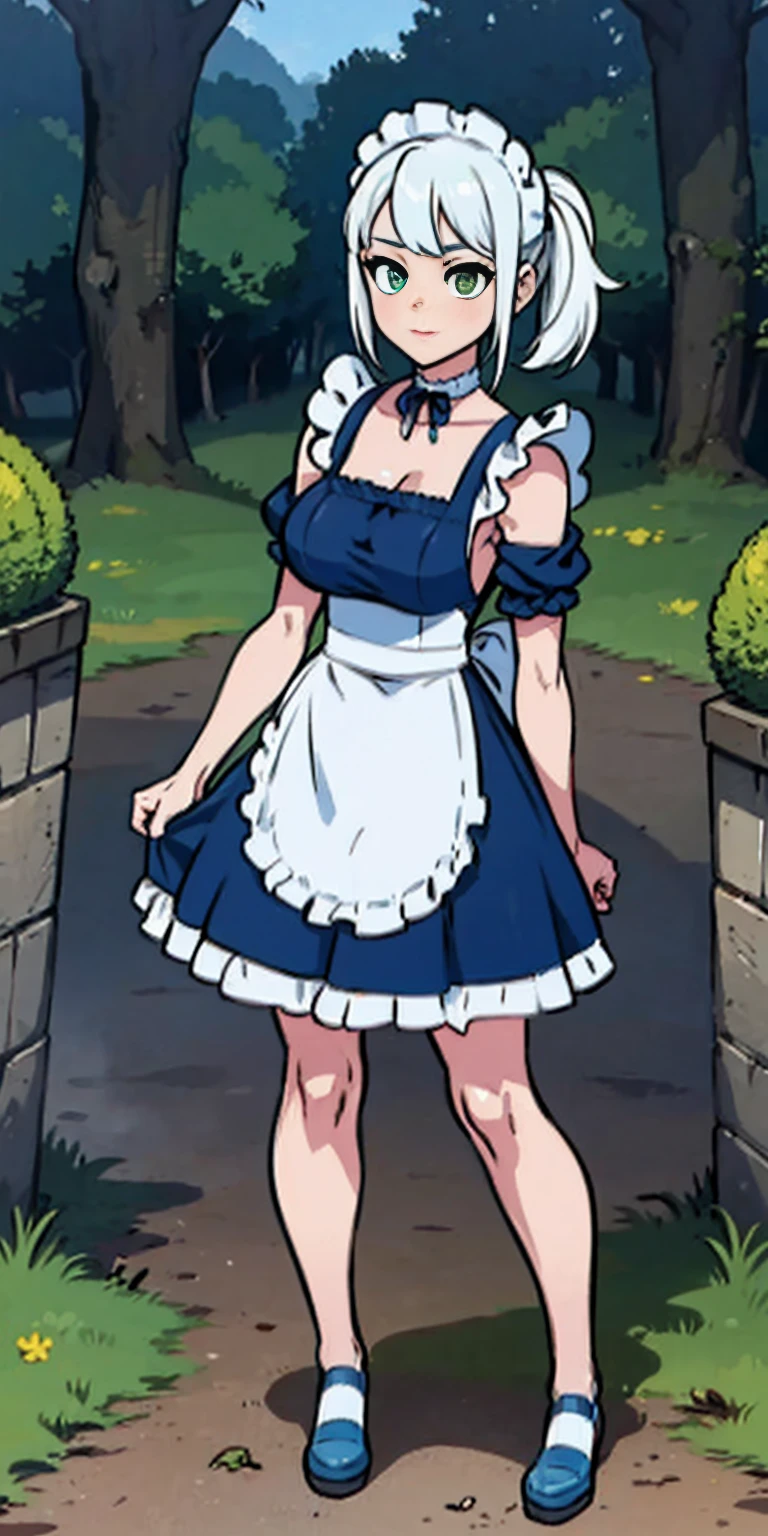(masterpiece, top quality, best quality), pixel, pixel art, 1girl, full body, white hair, green eyes, blue maid dress