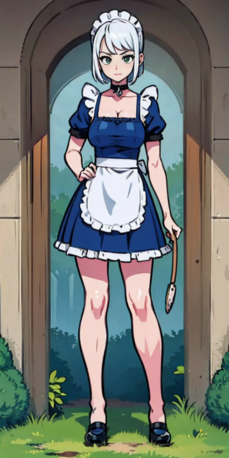 (masterpiece, top quality, best quality), pixel, pixel art, 1girl, full body, white hair, green eyes, blue maid dress
