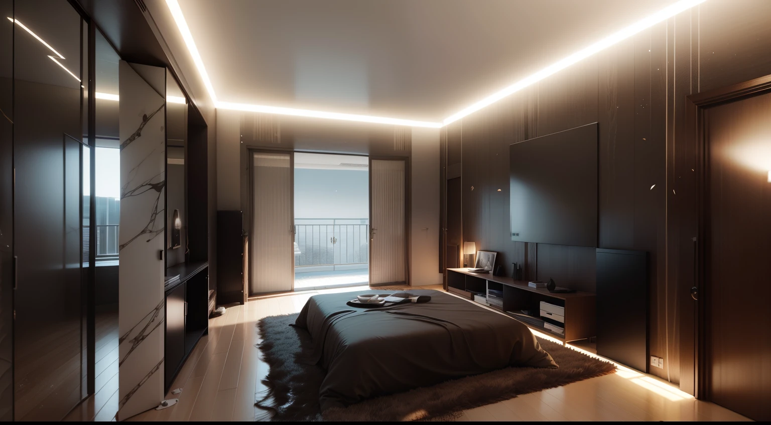带床的阿拉法德bedroom, Bedside Table, A mirror and a window, bedroom, High quality rendering, Modern and simple, Elegant and sophisticated, 宁静的bedroom环境, Simple and beautiful, vray 8k rendering, Corona Rendering, Clean lines, 在bedroom里, elegant render, very realistic render, High quality 3D rendering