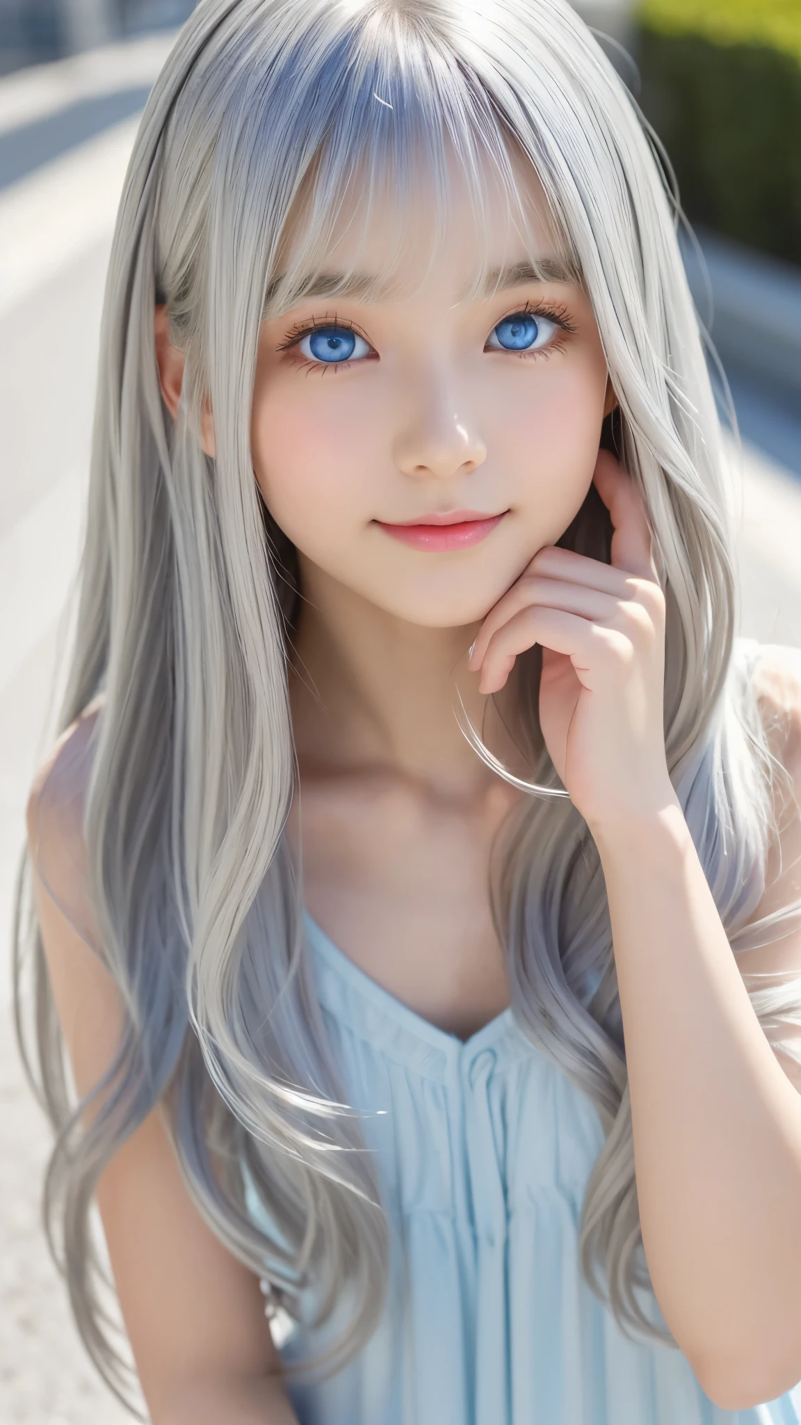 Shining, clear, white skin、Her windblown silver hair hides her beautiful face.、huge、28 years old cute sexy little beautiful face、Beautiful straight hair that stands out、growing up, Sparkling light blue eyes、long silky bangs that cover cute eyes, Sexy and cute young woman with super long hair hiding her sexy face、shining silver hair