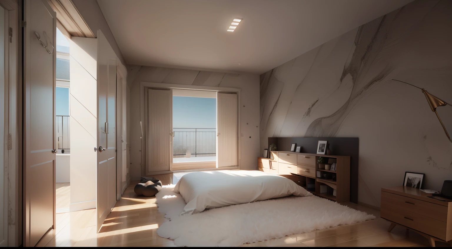 带床的阿拉法德bedroom, Bedside Table, A mirror and a window, bedroom, High quality rendering, Modern and simple, Elegant and sophisticated, 宁静的bedroom环境, Simple and beautiful, vray 8k rendering, Corona Rendering, Clean lines, 在bedroom里, elegant render, very realistic render, High quality 3D rendering