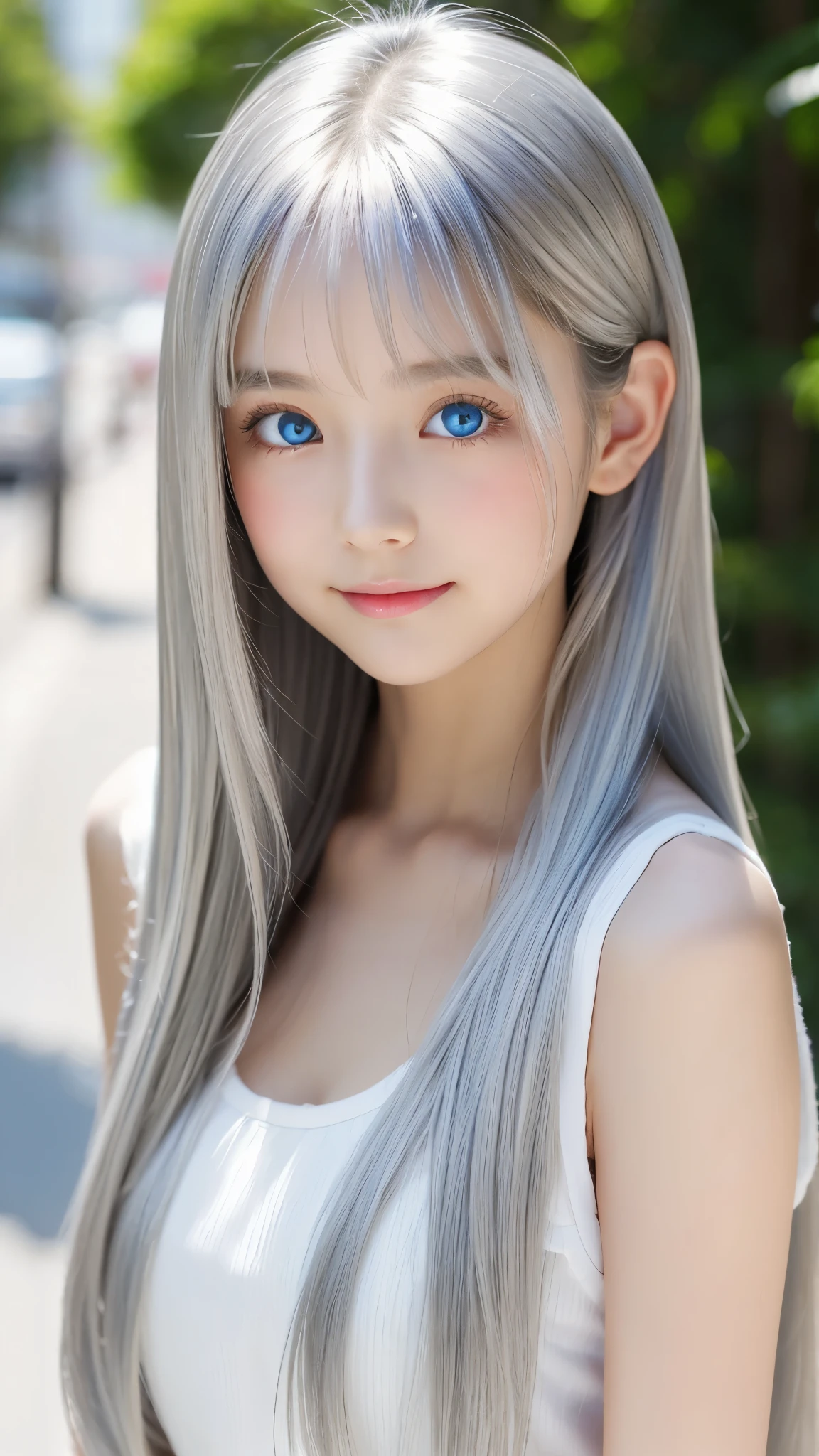 Shining, clear, white skin、Her windblown silver hair hides her beautiful face.、huge、28 years old cute sexy little beautiful face、Beautiful straight hair that stands out、growing up, Sparkling light blue eyes、long silky bangs that cover cute eyes, Sexy and cute young woman with super long hair hiding her sexy face、shining silver hair