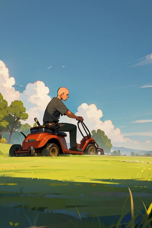 A bald Mexican man with brown skin cutting the grass with an old lawn mower very far away and side view