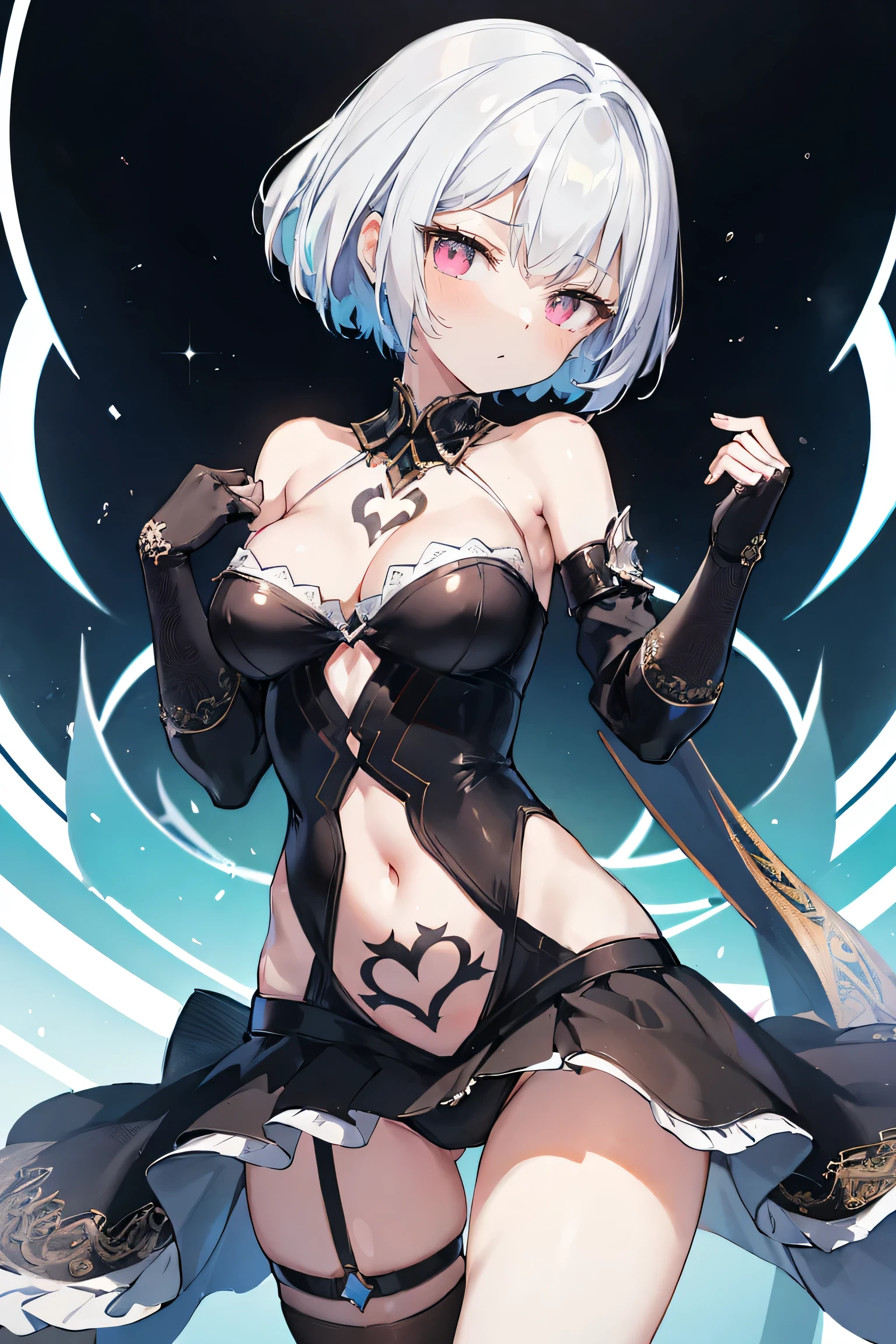 1girl, anime, cute girl, blank background, white background, fantasy, detailed fantasy dress with highlights, beautiful face, beautiful eyes, dark colors, black hair with multicolor streaks, red eye with different color pupil in eye, multicolor eye, medium breasts, slight cleavage, beautiful skin, cute, breast curtains, extremely delicate and beautiful, (beautiful detailed face:1.0), (detailed deep eyes), symmetrical breasts, deep eyes, shiny skin, portrait, slender waist, hips wider than shoulders, thighs, expressionless, young girl, luminous eyes, adorable,(Kpop idol),(aegyo sal:1),(Platinum blonde hair:1),((puffy eye)),Black panty,sexy posture,Superskirt, Ultra-high resolution,Black collar,slim figure, Abdominal y tattoo, womb tattoo,Tight-fitting leg ring,y tattoo on half-body,Bare skin, Armored hand,Hidden fingertips,Hand covered,Arm covered,Fist covered,{{beautiful detailed fingers}}, tufts of hair, moderate beautiful breast:1.0,(masterpiece:1.2), best quality, high-res, HDR, perfect face, intricate armor, delicate blue filigree, intricate filigree, red metalic parts, detailed part, dynamic pose, dynamic lights, cute face, neutral expression