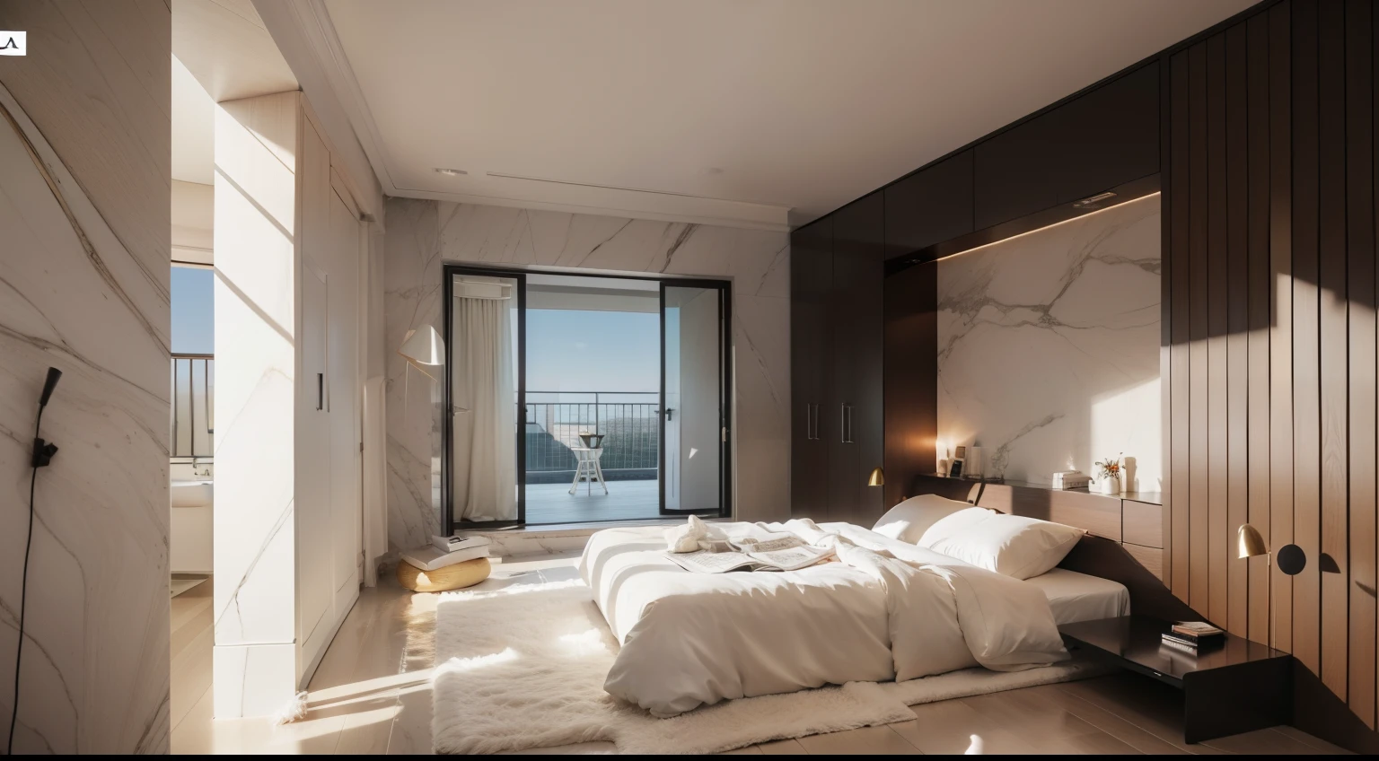 带床的阿拉法德bedroom, Bedside Table, A mirror and a window, bedroom, High quality rendering, Modern and simple, Elegant and sophisticated, 宁静的bedroom环境, Simple and beautiful, vray 8k rendering, Corona Rendering, Clean lines, 在bedroom里, elegant render, very realistic render, High quality 3D rendering