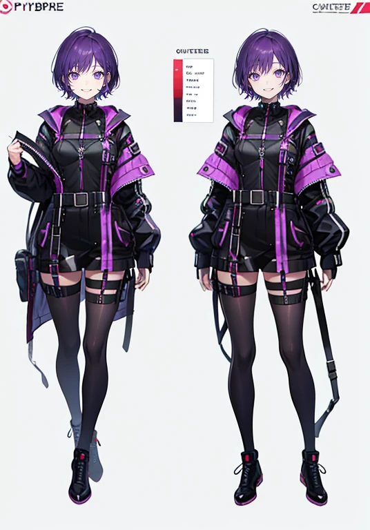 Girl with purple hair,short hair,Oversized clothing,Harness,garter belt,Simple Background,smile,whole body,full body,Standing posture,Character portrait,VTuber,front,Eyes on the viewer,視線をfrontに,cyber punk,futuristic