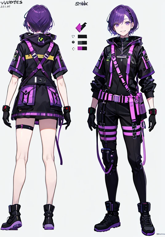 Purple Hair,Shortcuts,girl,1 person,,((Harness)),,belt,cyber punk,Simple Background,smile,Full Body,full body,Portraiture,Character Sheet