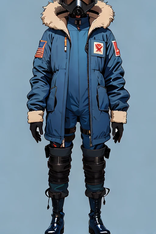 full body image, (ultra detailed,ultra high res,detailed background),((2D)),((flat color)),((muted color)), 1solo, looking at viewer, baggy flight suit, large fur collared bomber jacket, (big red galoshes), plush collar, full body image, square helmet, ((smokey blue background)), ((apocalyptic city)), entire body in frame, 