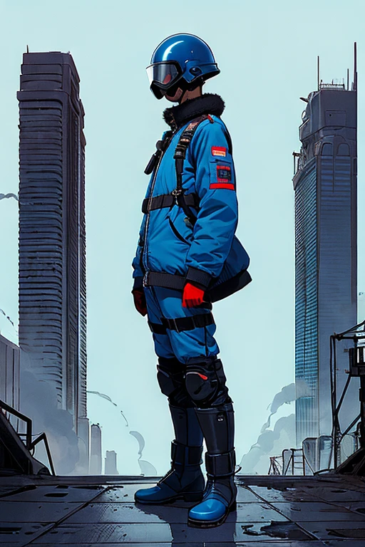 full body image, (ultra detailed,ultra high res,detailed background),((2D)),((flat color)),((muted color)), 1solo, looking at viewer, baggy flight suit, large fur collared bomber jacket, (big red galoshes), plush collar, full body image, square helmet, ((smokey blue background)), ((apocalyptic city)), entire body in frame, 