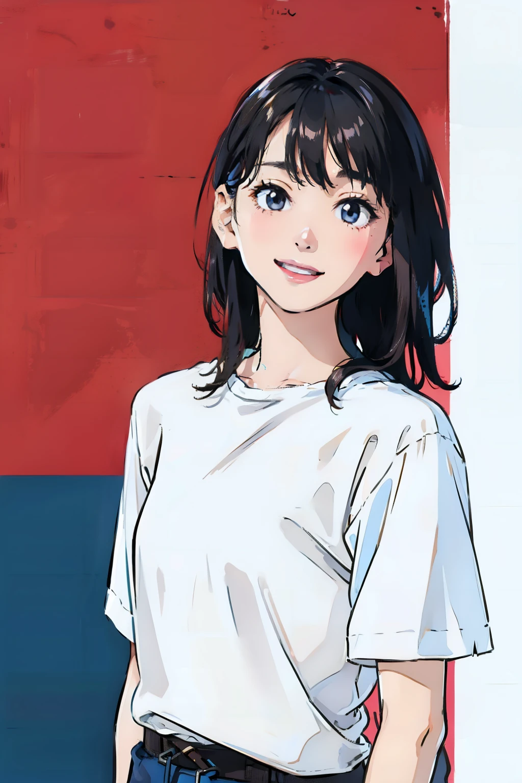 Anime girl with long black hair and white shirt standing in front of a ...