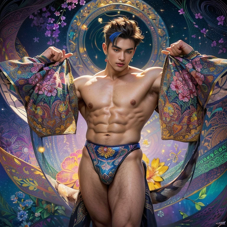 (masterpiece,beautiful and aesthetic:1.2), (1boy:1.3), extremely detailed,(fractal art:1.1),(colorful:1.1)(flowers:1.3),highest detailed,(zentangle:1.2), (dynamic pose), (abstract background:1.3), (shiny skin), (many colors:1.4),(earrings), (tail of light :1.5),ivy frame, handsome man , m-shaped legs , thighs high , sexy , NSFW. Eroticism, big hips , big thighs , slutty face , slut , whore , thick thighs, thick booty. Fat buttocks , male , bare chest , thick hips , wide pelvis