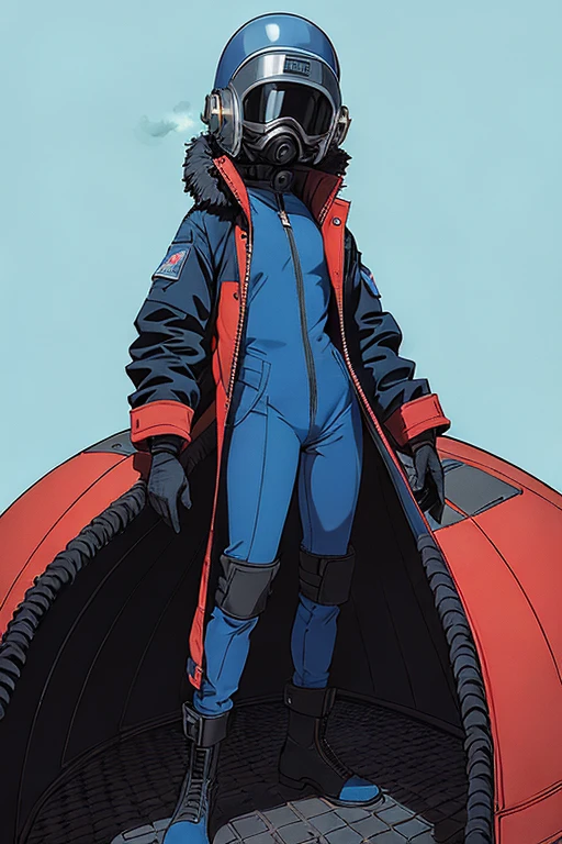 full body image, (ultra detailed,ultra high res,detailed background),((2D)),((flat color)),((muted color)), 1solo, looking at viewer, baggy flight suit, large fur collared bomber jacket, (big red galoshes), plush collar, full body image, square helmet, ((smokey blue background)), ((apocalyptic city)), entire body in frame, 