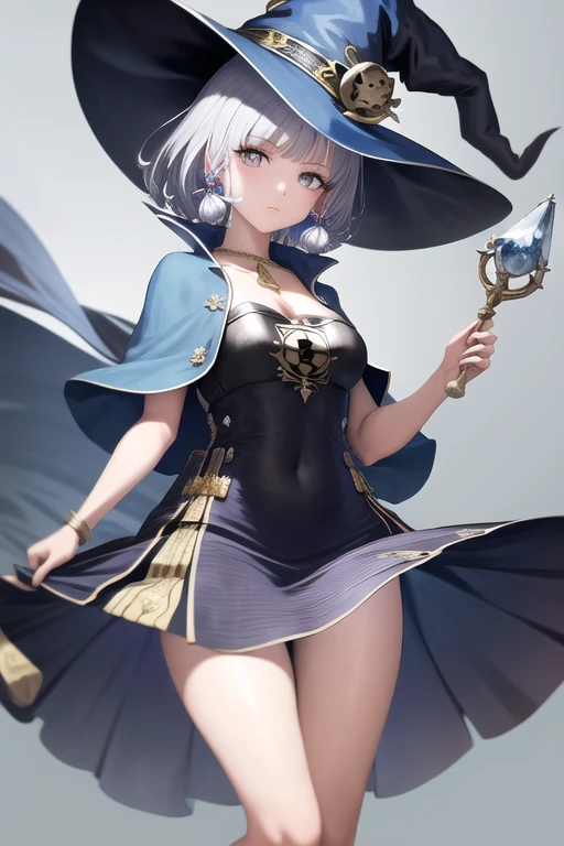 masterpiece, High resolution, highest quality, 1woman, wizard, short hair, black hair, silver eyes, one piece dress, blue sky, hold a silver stick of the witch with the big jewel in the front, Hat of the witch, Robe of the witch