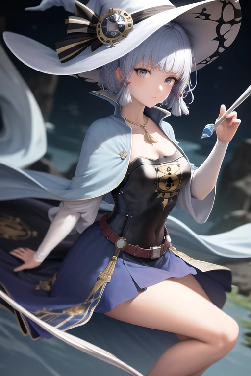 masterpiece, High resolution, highest quality, 1woman, wizard, short hair, black hair, silver eyes, one piece dress, blue sky, hold a silver stick of the witch with the big jewel in the front, Hat of the witch, Robe of the witch
