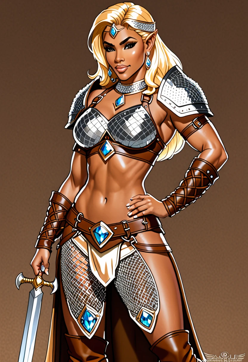 lineart, solo, Shakira, tanned, ifbb, indian, tan skinned, barbarian, tan skin, wbff, warrior, queen, diamond armor, crystal armor plate, blonde, brown leather pants, translucent chainmail top, arm sleeves