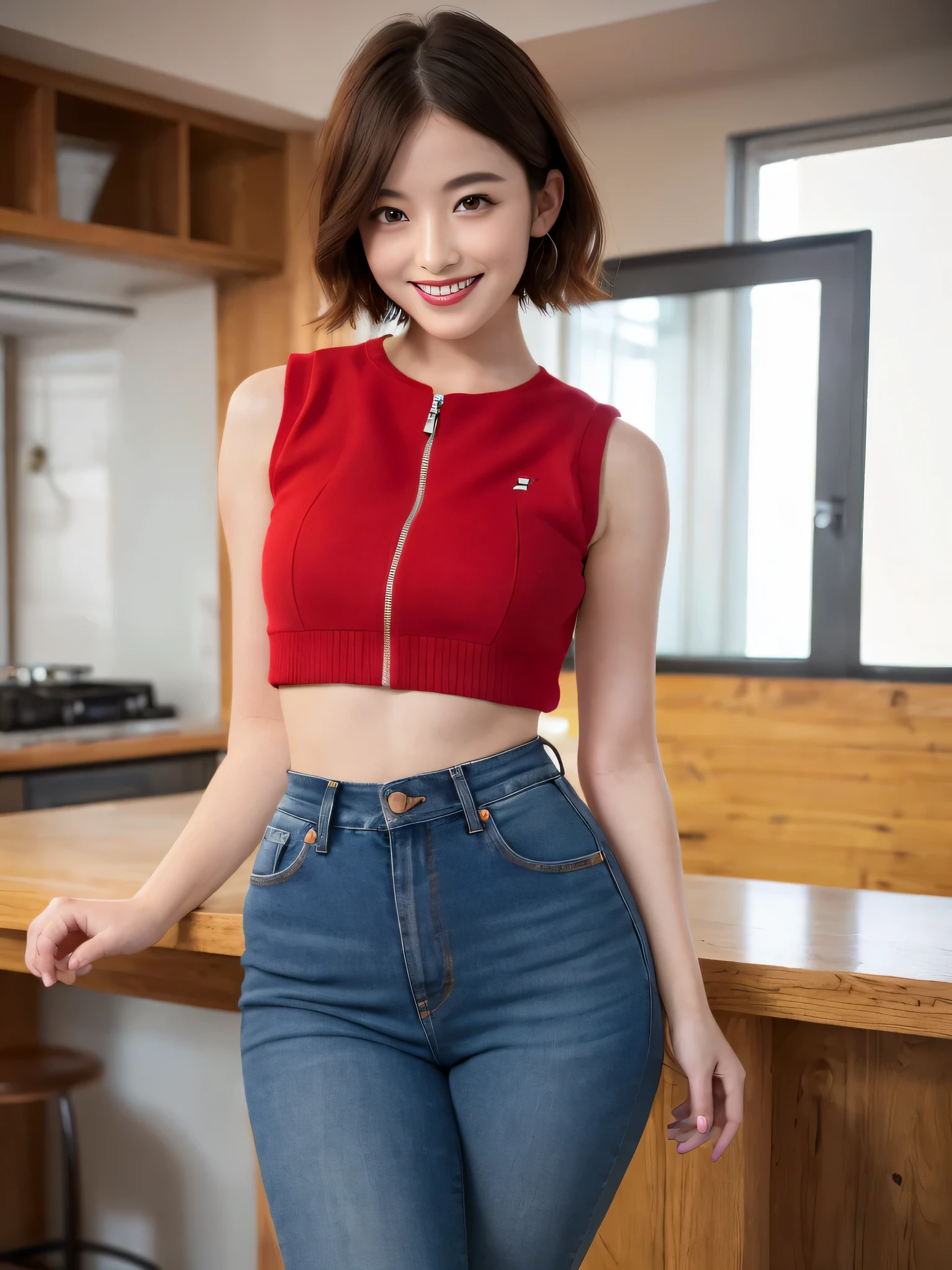 (sfw:1.5)、1 female、masterpiece, RAW Photos, highest quality, reality、Depth of written boundary, Lens flare, (Low cut and tight )、(ultra short distance,Denim hot pants)),((Telegraph slang)),((Long legs)), (Thigh Gap:1.5),Small waist、(Wide Hips),(Big Ass),pretty girl, Idol,(Big smile:1.3),Small waist、(Big Ass:1.6),(White crop top:1.5)、Brightly colored vest, short hair, Redhead, reality, photo shoot,(Exquisite detail), Very detailed, High resolution, original, highest quality, Detailed face, (Very beautiful face, Beautiful Lips, Beautiful Eyes), A face with intricate details, (Plump red lips),(Thigh Gap:1.5),Small waist、(Wide Hips) 、short hair, Redhead,Open chest, Turn around, (((Buckshot)))