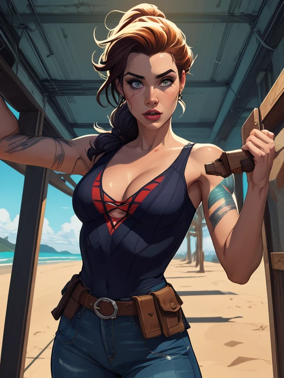 Jeday style warrior female character armed with a .38 revolver Western style atompunk Fallout 4 Jennifer Connelly le with war scars Cartoon image of a woman .Ilustra??o estilo desenho animado, estilo de arte dos desenhos animados, estilo de arte dos desenhos animados, digital illustration style, estilo atompunk design de personagens altamente detalhado, arte digital detalhada coragem, Forest fan art, Design de personagens de retrato, beautiful digital illustration, retrato de alta qualidade, Arte em quadrinhos, mulher jovem cabelo com transas lindas . Queen Anna of ArendelleBeautiful lined eyes Medium large bust and wonderful sexy clothes. image expression of sexual desire from waist to head illustration Queen Anne of Arendelle atompunk style Fallout 4 The perspective is from below, enfatizando a majestade e o poder da Gigante." armed with a 38 western style revolver with a 38 revolver in her hands jeday style warrior in summer clothes on the beach artwork, melhor qualidade,Cartoon style digital illustration style Jill Valentin resident Evil (papel de parede extremamente detalhado da unidade CG 8k), (melhor qualidade), (best illustration), (melhor sombra), absurdos, Realistic lighting, (Abismo), lindo brilho detalhado, arte de , Cartoon style digital illustration style artgermstyle Cartoon style digital illustration
