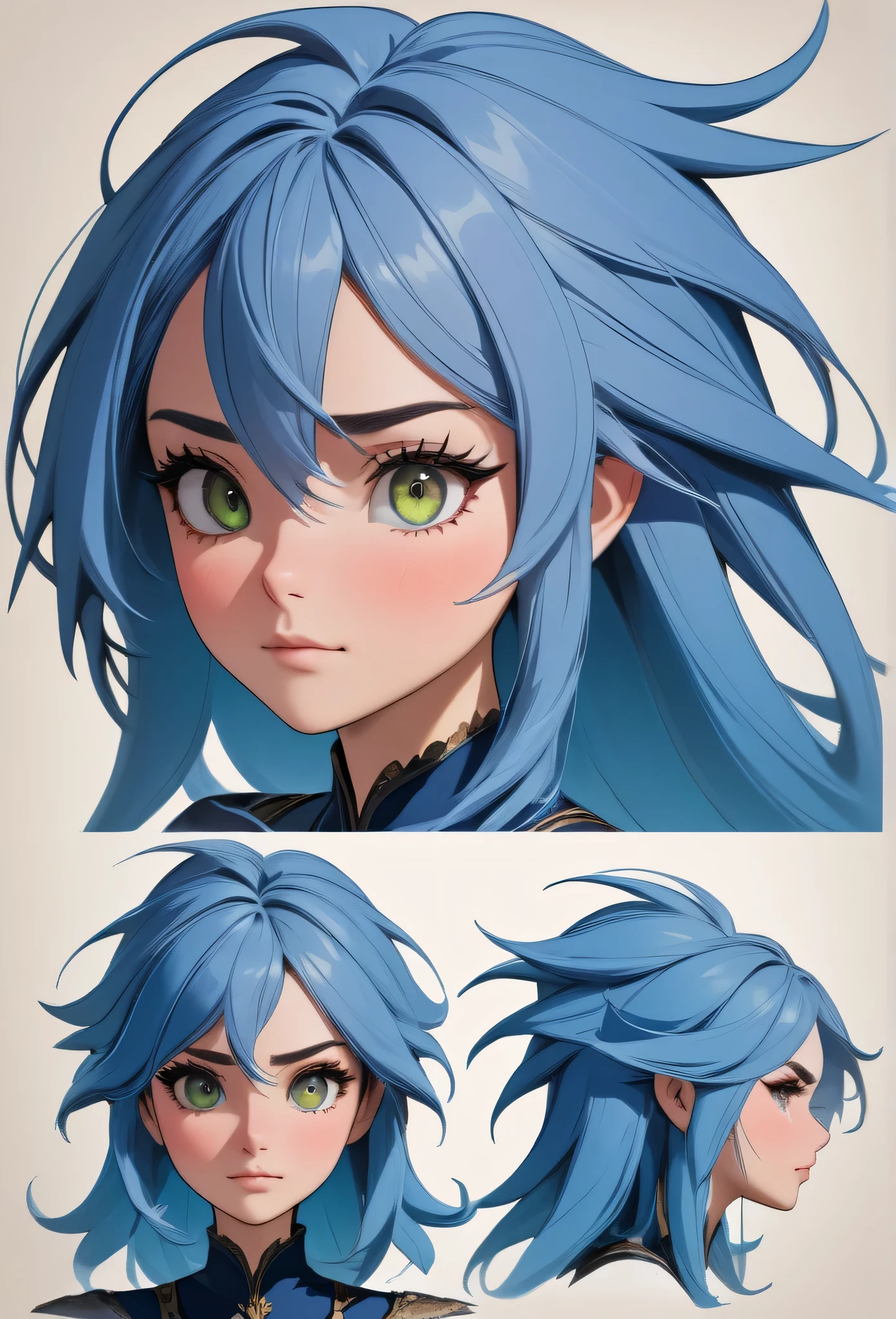 (best quality,extremely detailed),detailed background,detailed face,longeyelashes,  comprehensive model sheet for a character, including front view and side view, with detailed perspectives and angles