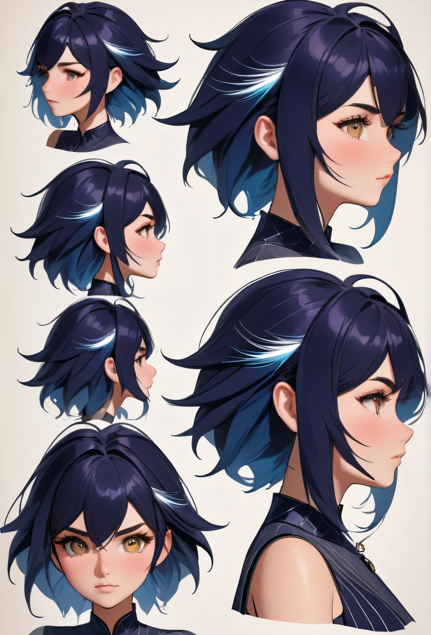 (best quality,extremely detailed),detailed background,detailed face,longeyelashes, comprehensive model sheet for a character, including front view and side view, with detailed perspectives and angles