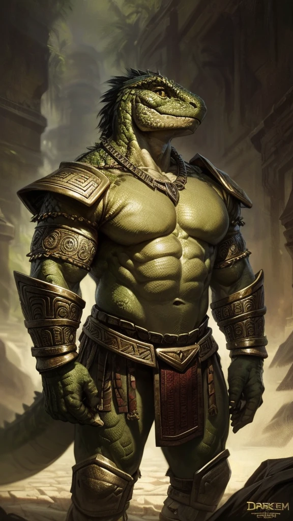 An anthro male lizard, wearing aztec armor, muscular, extreme detail, masterpiece, best art, junge, by darkgem
