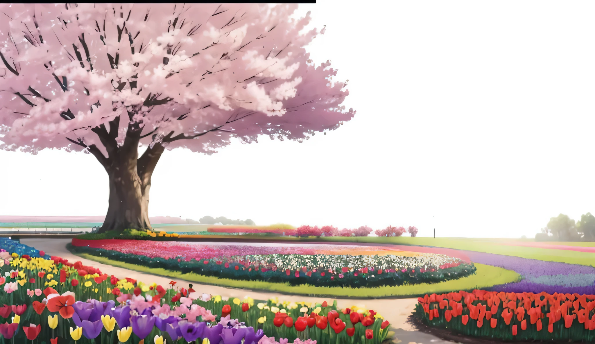 Impressive large cherry blossoms、Vibrant and colorful flower fields, A wealth of colours and textures. Colorful tulips,pansy,Delicate roses, This garden is a treat for the eyes. The AI platform renders this scene in a whimsical, dreamlike style.。, With soft brushstrokes and pastel colors.