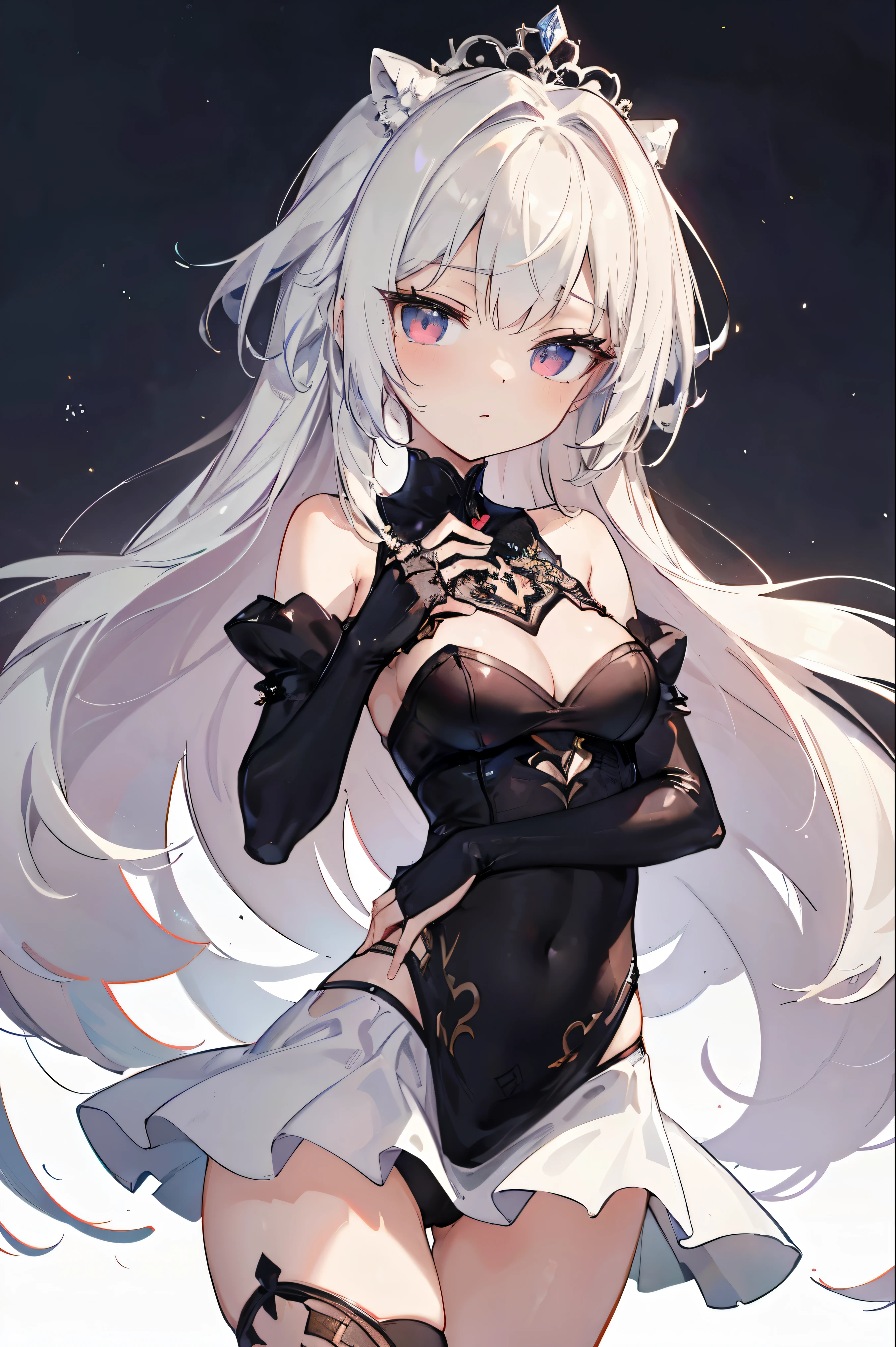 1girl, anime, cute girl, blank background, white background, fantasy, detailed fantasy dress with highlights, beautiful face, beautiful eyes, dark colors, black hair with multicolor streaks, red eye with different color pupil in eye, multicolor eye, medium breasts, slight cleavage, beautiful skin, cute, breast curtains, extremely delicate and beautiful, (beautiful detailed face:1.0), (detailed deep eyes), symmetrical breasts, deep eyes, shiny skin, portrait, slender waist, hips wider than shoulders, thighs, expressionless, young girl, luminous eyes, adorable,(Kpop idol),(aegyo sal:1),(Platinum blonde hair:1),((puffy eye)),Black panty,sexy posture,Superskirt, Ultra-high resolution,Black collar,slim figure, Abdominal y tattoo, womb tattoo,Tight-fitting leg ring,y tattoo on half-body,Bare skin, Armored hand,Hidden fingertips,Hand covered,Arm covered,Fist covered,{{beautiful detailed fingers}}, tufts of hair, moderate beautiful breast:1.0,(masterpiece:1.2), best quality, high-res, HDR, perfect face, intricate armor, delicate blue filigree, intricate filigree, red metalic parts, detailed part, dynamic pose, dynamic lights, cute face, neutral expression