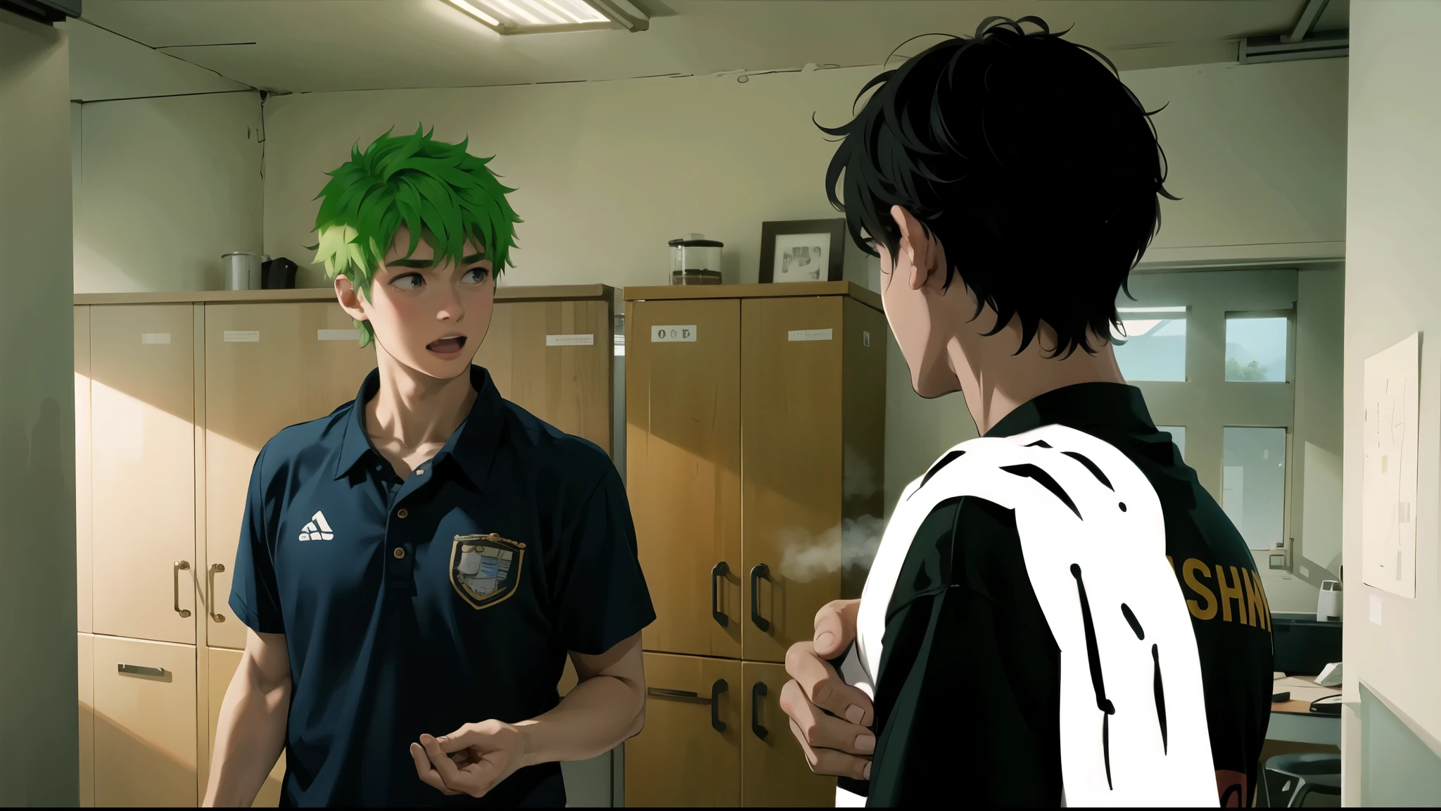 There are two cute 16 year old boys looking at each other's faces. 