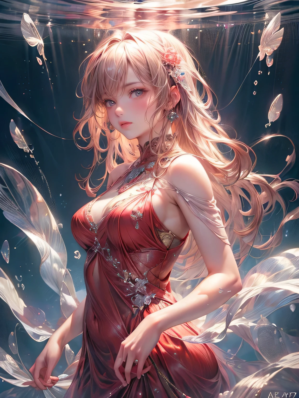 (Cowboy Shot), pretty girl(Little:1.2), In a transparent red dress, Dressed like a jellyfish,(Highest quality,4K,8k,High resolution,masterpiece:1.2),Very detailed,Fantastic lighting,Flowing fabric effect,Vibrant colors,Glowing jellyfish-like pattern,water scenery,Wine Red Tone,Delicate ripples and movements,Hauntingly beautiful,(Realistic,photoRealistic,photo-Realistic:1.37),Dreamy atmosphere,Sparkling sunlight,Subtle reflection,Soft Focus,Sublime elegance,Graceful pose.Octane.Glamorous Body,Backlight,Shiny Skin,Shiny Hair,Stylish hairstyle,Stylish accessories,Low - Angle,Dynamic Angle,