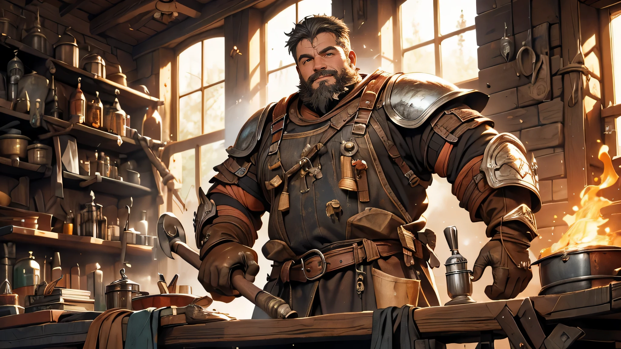 a sturdy, cheerful dwarf swinging a hammer to forge iron,workshop,fantasy theme,(best quality,4k,highres:1.2),ultra-detailed,realistic:1.37,portraits,warm colors,soft light,iron sparks,metallic sound,enchanted atmosphere,sweat on his forehead,piles of raw materials,heated furnace,dimensional depth,impressive craftsmanship,magical glow,bearded dwarf with muscles,worn-out apron,sunlight filtering through windows,molten metal,rough stone walls,heavy anvil,wooden workbench,leather gloves,ample tools,hanging tools,sparkling finish,tools hanging on the walls,hardworking and focused,elaborate metalwork,mythical creatures in the background,winning smile,impressive physique,impressive beard,surrounded in a cloud of dust,lush greenery outside the workshop,detailed depiction of hammer,crackling fire,a sense of accomplishment,fantasy elements,artistic brushstrokes.