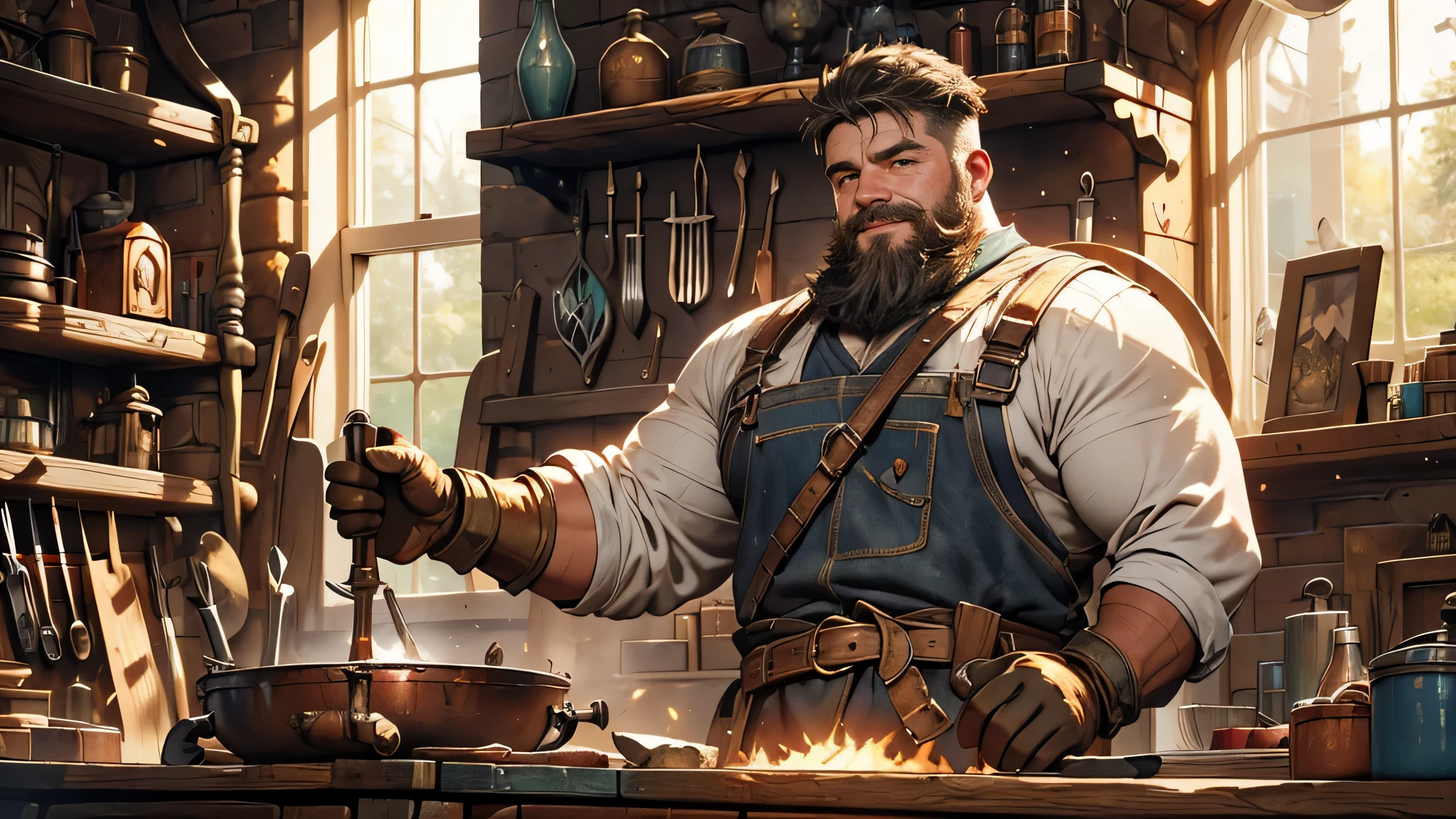 a sturdy, cheerful dwarf swinging a hammer to forge iron,workshop,fantasy theme,(best quality,4k,highres:1.2),ultra-detailed,realistic:1.37,portraits,warm colors,soft light,iron sparks,metallic sound,enchanted atmosphere,sweat on his forehead,piles of raw materials,heated furnace,dimensional depth,impressive craftsmanship,magical glow,bearded dwarf with muscles,worn-out apron,sunlight filtering through windows,molten metal,rough stone walls,heavy anvil,wooden workbench,leather gloves,ample tools,hanging tools,sparkling finish,tools hanging on the walls,hardworking and focused,elaborate metalwork,mythical creatures in the background,winning smile,impressive physique,impressive beard,surrounded in a cloud of dust,lush greenery outside the workshop,detailed depiction of hammer,crackling fire,a sense of accomplishment,fantasy elements,artistic brushstrokes.