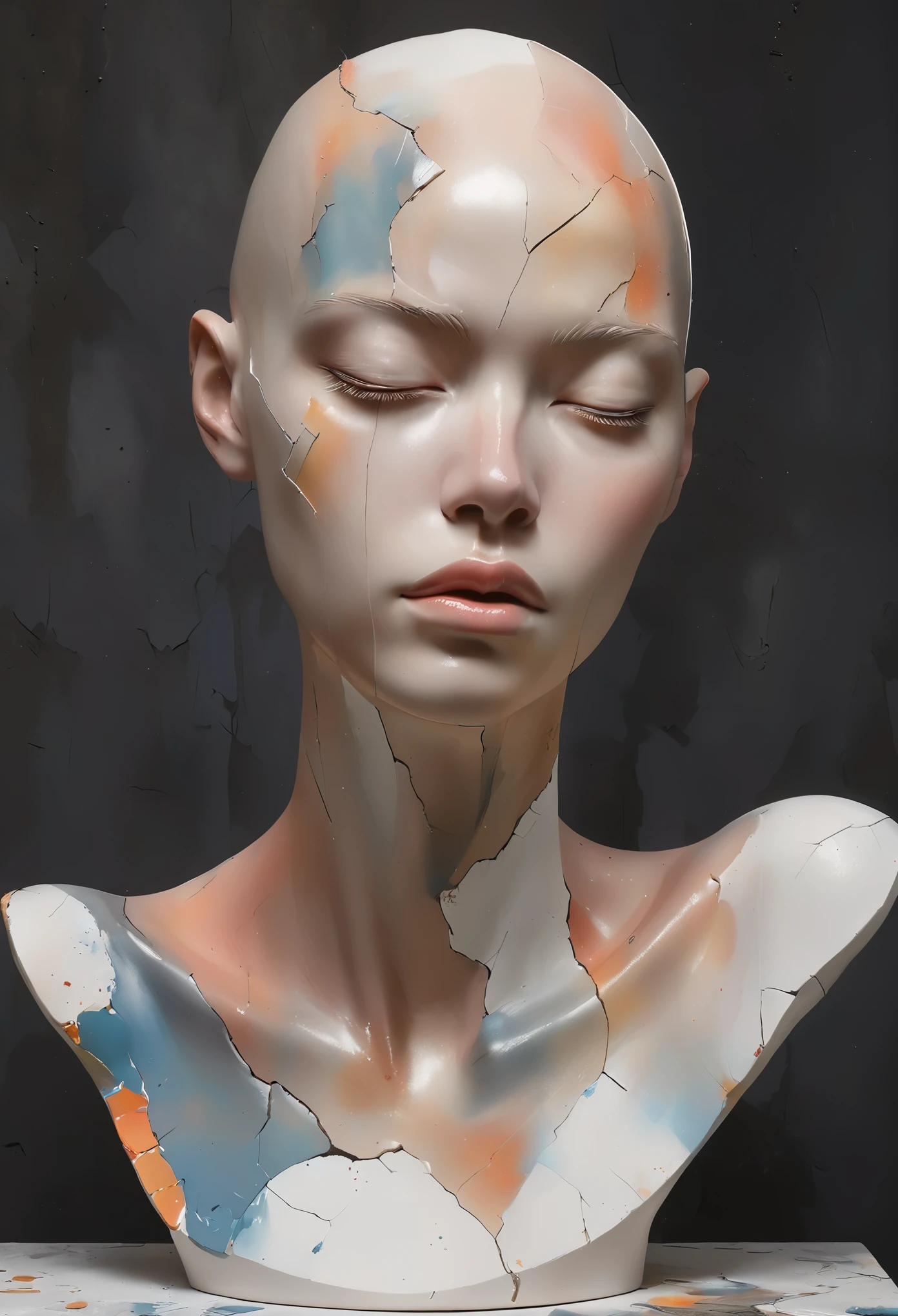 display，Still life table，Artistic statues，3D Sculpture，ceramics，Surface cracks，Shattered Texture，Elegant temperament，Beautiful Portrait，Baldhead，Acrylic paint on shoulders，The face is painted with oil paint,Dark background，Light and shadow contrast