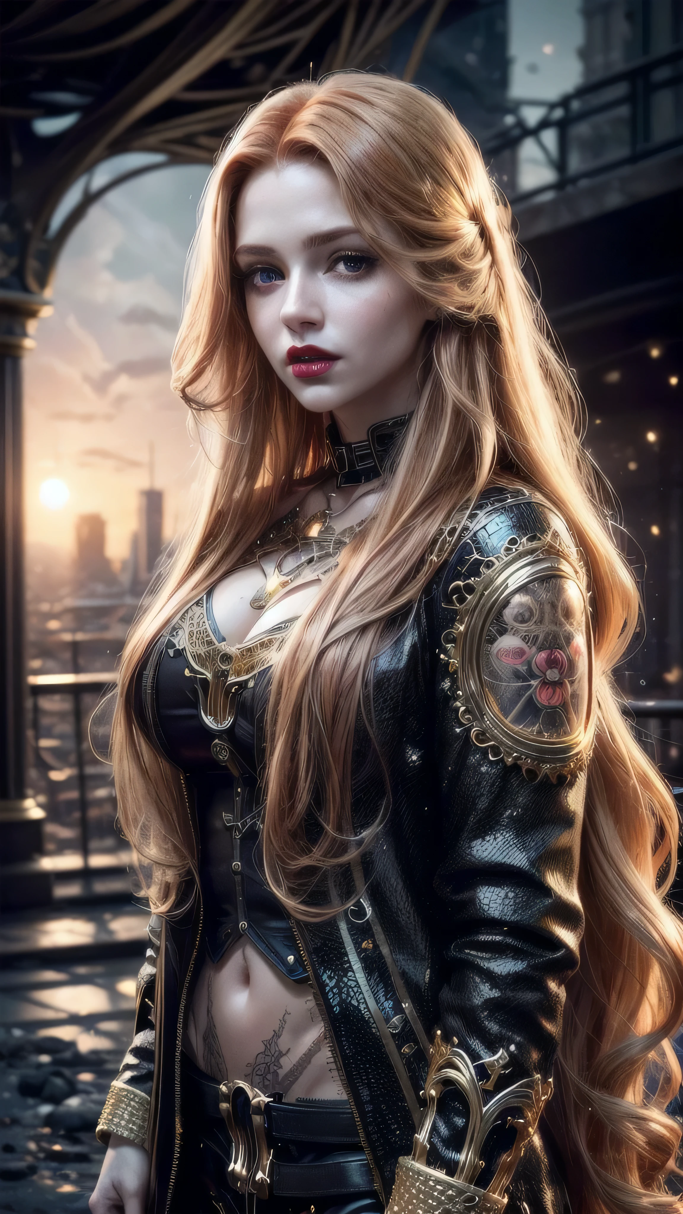 (masterpiece), (((extremely intricate:1.3))), (realistic), girl, (((long curly [blonde hair:bright ginger hair:0.5], (([flat chest:medium breasts:0.8])), upper body, ((makeup:1.6, perfectchainmail, gold clockwork, black jacket), red lips, bright sunlight, sunset, tattoo:1.4, silk shirt)))), outdoors, metal reflections, ((((futuristic apocalyptic city destroyed, faraway crater)))), professional photograph, sharp focus, dramatic, award winning, cinematic lighting, volumetrics dtx, (film grain, blurry background, blurry foreground, bokeh, depth of field), 8K
