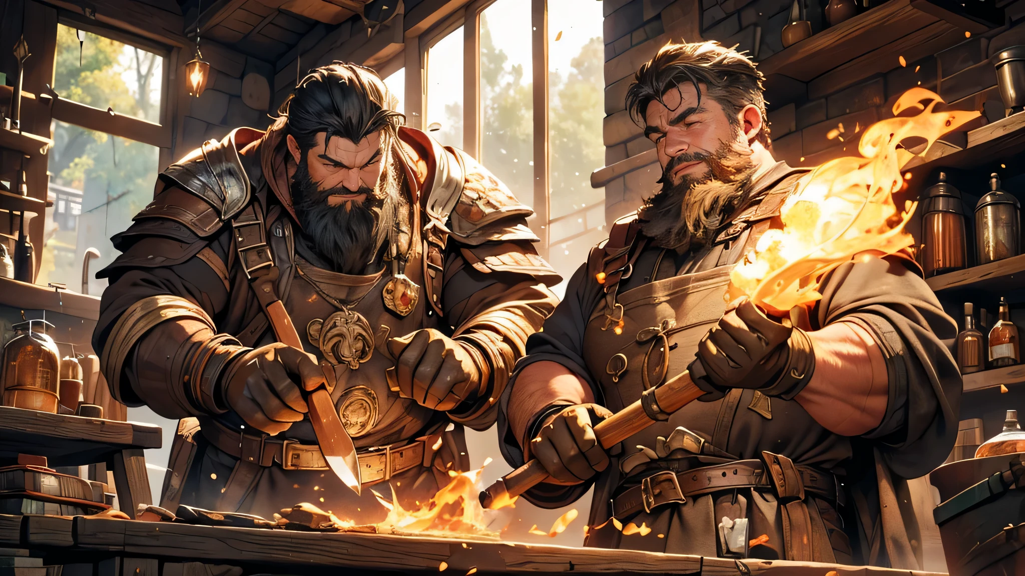 a sturdy, cheerful dwarf swinging a hammer to forge iron,workshop,fantasy theme,(best quality,4k,highres:1.2),ultra-detailed,realistic:1.37,portraits,warm colors,soft light,iron sparks,metallic sound,enchanted atmosphere,sweat on his forehead,piles of raw materials,heated furnace,dimensional depth,impressive craftsmanship,magical glow,bearded dwarf with muscles,worn-out apron,sunlight filtering through windows,molten metal,rough stone walls,heavy anvil,wooden workbench,leather gloves,ample tools,hanging tools,sparkling finish,tools hanging on the walls,hardworking and focused,elaborate metalwork,mythical creatures in the background,winning smile,impressive physique,impressive beard,surrounded in a cloud of dust,lush greenery outside the workshop,detailed depiction of hammer,crackling fire,a sense of accomplishment,fantasy elements,artistic brushstrokes.