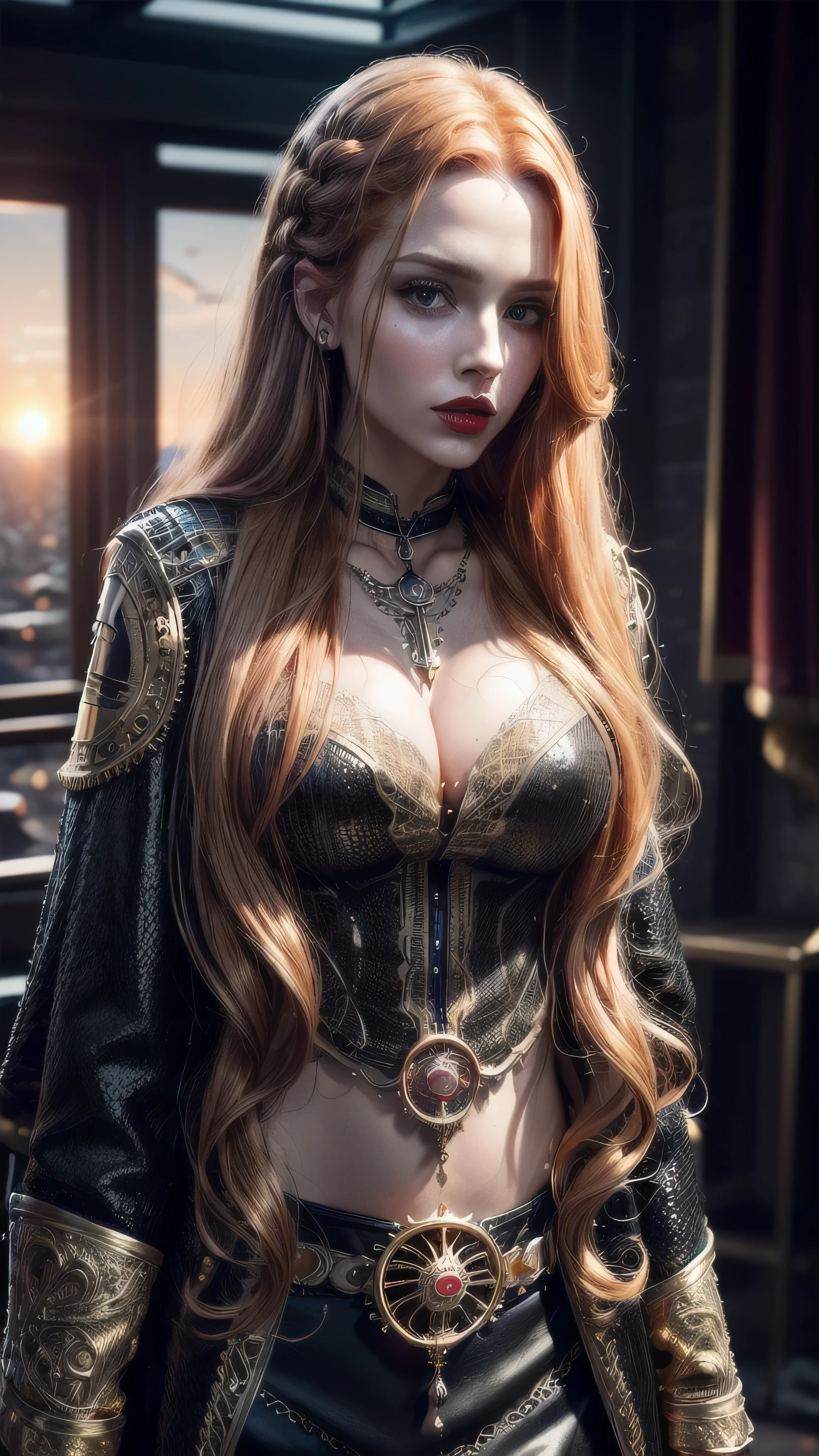 (masterpiece), (((extremely intricate:1.3))), (realistic), girl, (((long curly [blonde hair:bright ginger hair:0.5], (([flat chest:medium breasts:0.8])), upper body, ((makeup:1.6, perfectchainmail, gold clockwork, black jacket), red lips, bright sunlight, sunset, tattoo:1.4, silk shirt)))), outdoors, metal reflections, ((((futuristic apocalyptic city destroyed, faraway crater)))), professional photograph, sharp focus, dramatic, award winning, cinematic lighting, volumetrics dtx, (film grain, blurry background, blurry foreground, bokeh, depth of field), 8K
