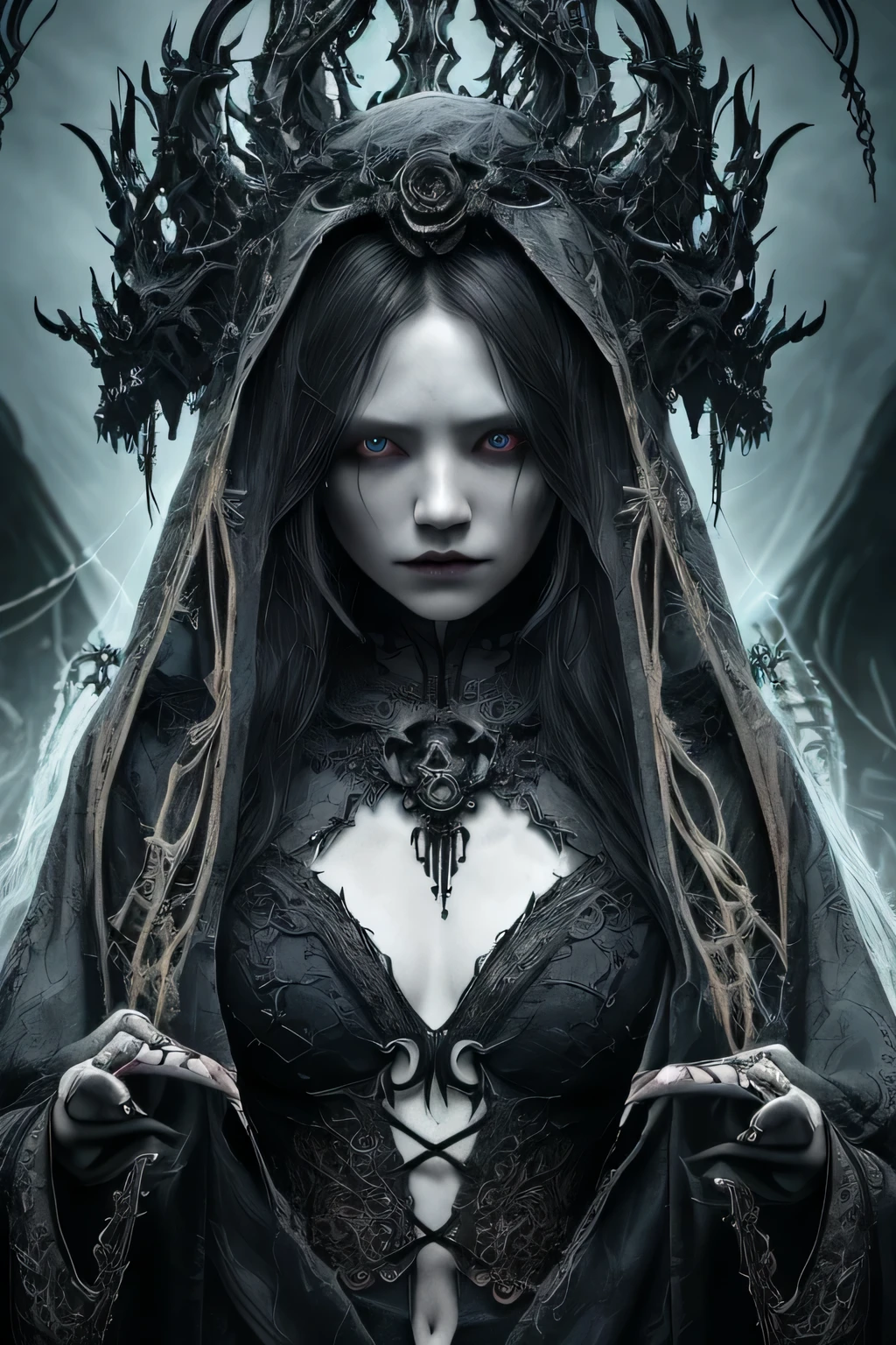 A hauntingly beautiful and intricately detailed depiction of a terrifying necromancer woman, mid-shot and dramatically captured on an ultra-detailed 8K wallpaper. Her complexion is deathly pale, with sunken eyes and a cruel, sharp-featured face that sends shivers down the spine (1.1). Long, wild hair cascades around her, a tangled mess of dark strands (1.2) that frames her intense and fearsome gaze (1.3). Her ornate and ancient robes (1.4) are adorned with bones and symbols of death, every detail meticulously rendered in high resolution (1.5). Her fingers are