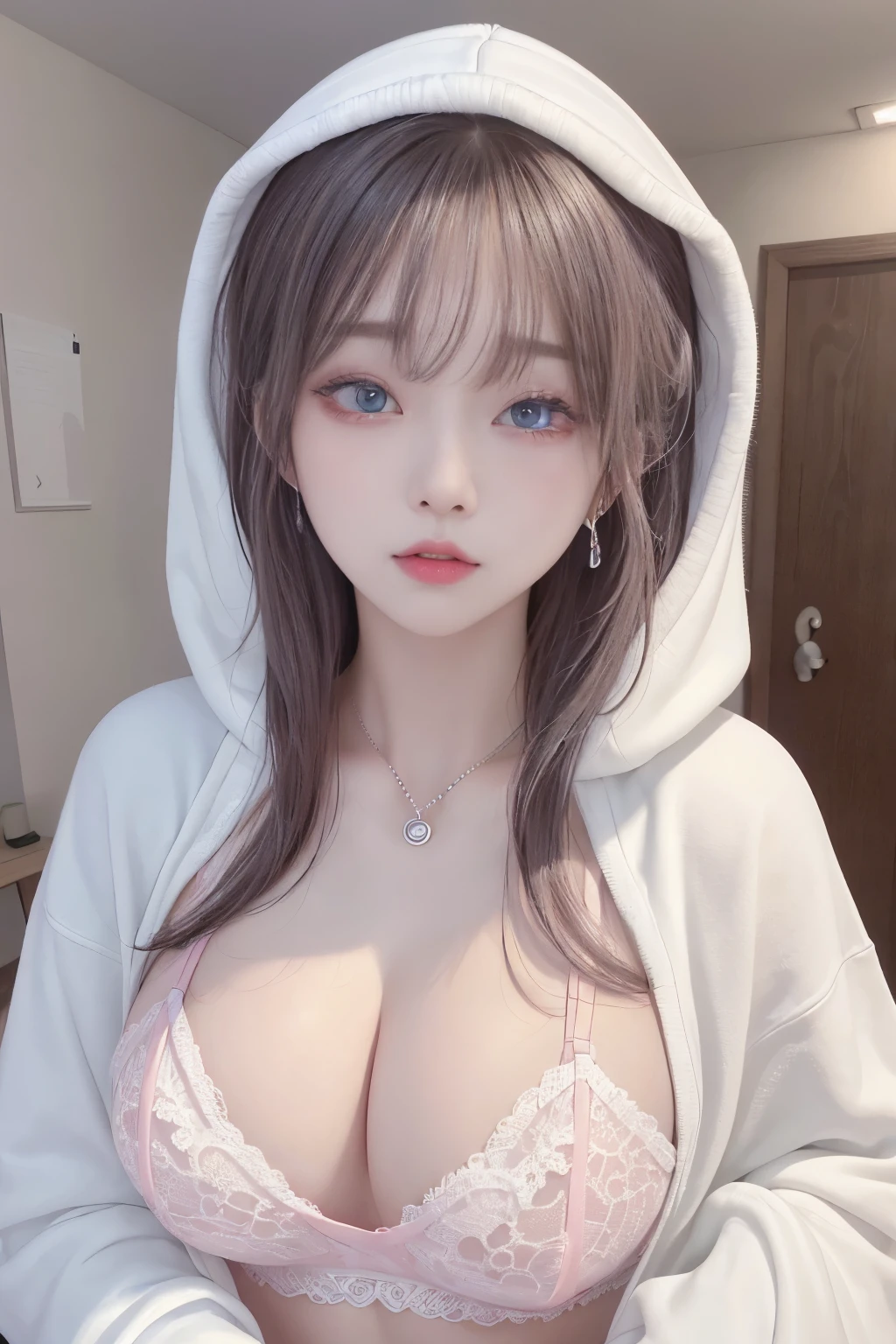 Top image quality、Raw photography、A high resolution、20-year-old cool Korean、big round chest、white Hoodie without front closed、pink lace underwear、Beautiful Eyes of Details、very elongated eyes、Beautiful eyelashes、Beautiful double eyelids、eyeshadows、耳Nipple Ring, indoor