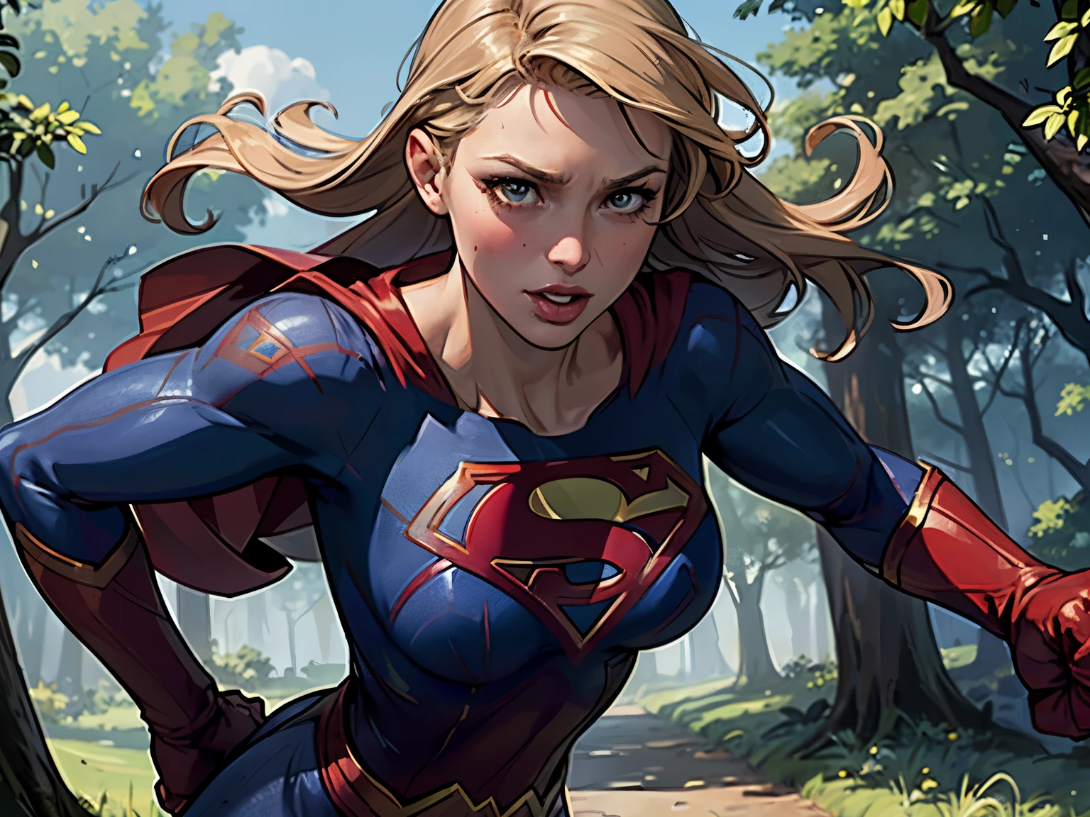 ((highest quality)), ((masterpiece)), (be familiar with), (High definition), (Realistic), (Realistic), (Best Shadow), Low contrast, (Complex:1.4), Side lighting, 8K, ((melissa Benoist)), ((SUPER GIRL)), Perfect Face、Detailed、(Accurate hand and finger depiction)、supergirl women、Blonde、Voluptuous body、Large Breasts、Narrow waist、Big Ass、Alluring、glamorous、(Action Scenes)、((Punching an enemy:1.2))、sweating、On the grass、in the deep forest、blue sky、((Upper body close-up:1.2))