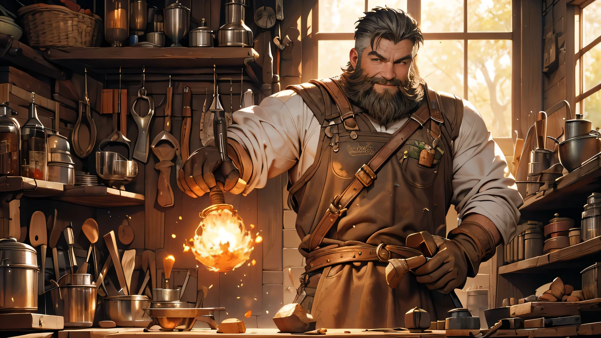 a sturdy, cheerful dwarf swinging a hammer to forge iron,workshop,fantasy theme,(best quality,4k,highres:1.2),ultra-detailed,realistic:1.37,portraits,warm colors,soft light,iron sparks,metallic sound,enchanted atmosphere,sweat on his forehead,piles of raw materials,heated furnace,dimensional depth,impressive craftsmanship,magical glow,bearded dwarf with muscles,worn-out apron,sunlight filtering through windows,molten metal,rough stone walls,heavy anvil,wooden workbench,leather gloves,ample tools,hanging tools,sparkling finish,tools hanging on the walls,hardworking and focused,elaborate metalwork,mythical creatures in the background,winning smile,impressive physique,impressive beard,surrounded in a cloud of dust,lush greenery outside the workshop,detailed depiction of hammer,crackling fire,a sense of accomplishment,fantasy elements,artistic brushstrokes.