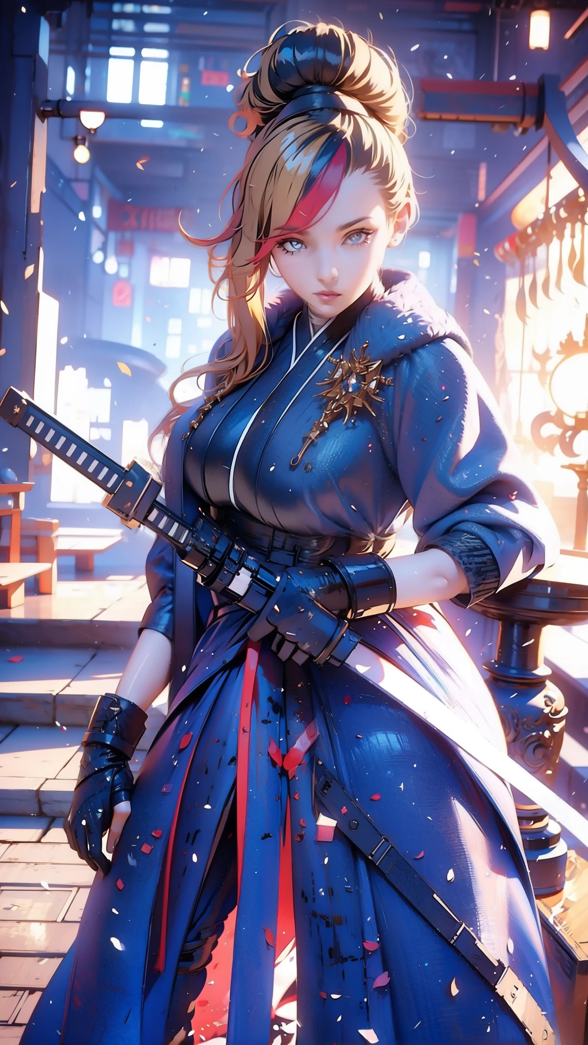 gorgeous woman, holding a giant katana on her shoulder, perfect face, ultra long hair, standing, ultra detailed face, kunoichi, perfect giant katana, heavy katana