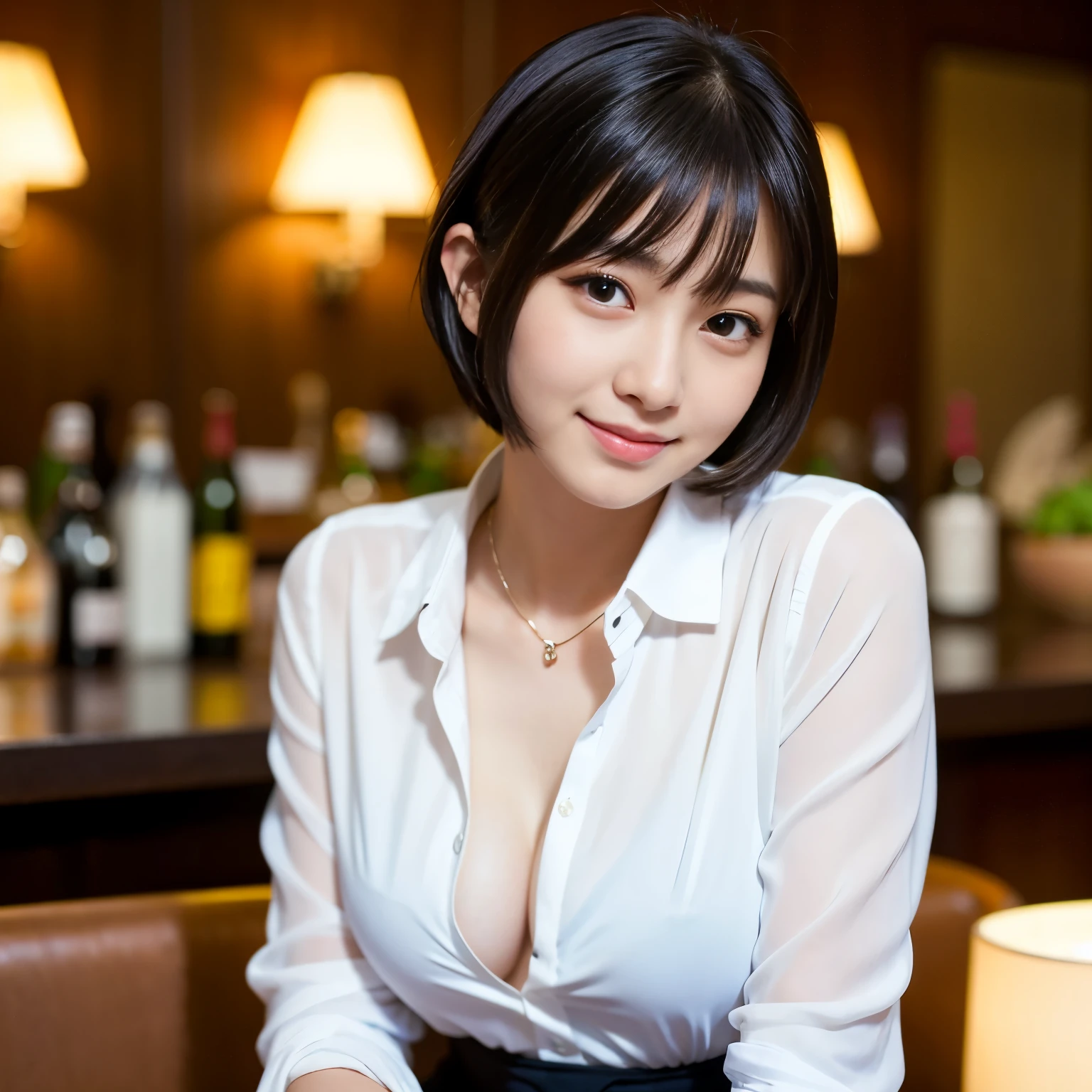 Best-quality, Masterpiece, Ultra-High-Resolution, (Photorealistic:1.4), Raw-Photo, depth of field, professional-lighting, 1girl, the most famous Japanese idol, -yeld, intel bar, wearing white blouse and black stylish jacket, (extremely cute face like the most popular Japanese idol, ((extremely beautiful big-black-eyes)), extremely beautiful black-short-cut-haired), extremely beautiful skins, extremely beautiful long-eyelashes, extremely beautiful lips, looking at viewer, innocent-smile, detailed white-blouse, detailed black-stylish-jacket, detailed hotel-bar