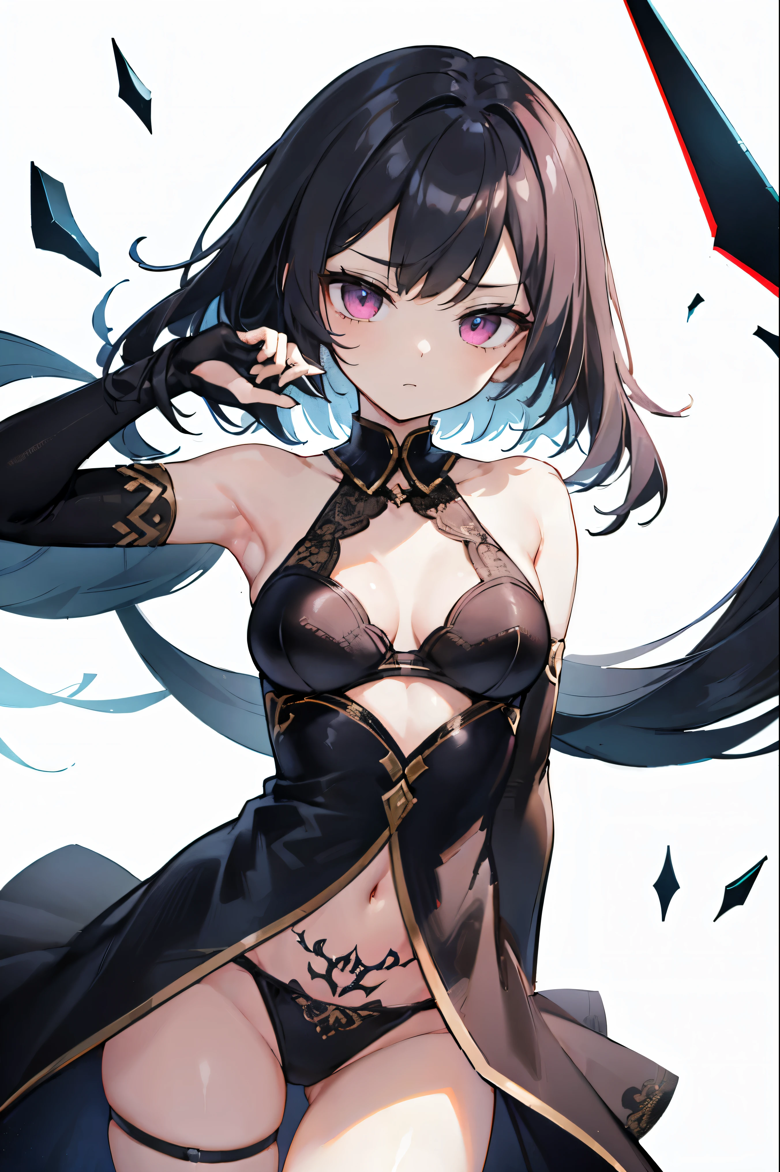 1girl, anime, cute girl, blank background, white background, fantasy, detailed fantasy dress with highlights, beautiful face, beautiful eyes, dark colors, black hair with multicolor streaks, red eye with different color pupil in eye, multicolor eye, medium breasts, slight cleavage, beautiful skin, cute, breast curtains, extremely delicate and beautiful, (beautiful detailed face:1.0), (detailed deep eyes), symmetrical breasts, deep eyes, shiny skin, portrait, slender waist, hips wider than shoulders, thighs, expressionless, young girl, luminous eyes, adorable,(Kpop idol),(aegyo sal:1),(Platinum blonde hair:1),((puffy eye)),Black panty,sexy posture,Superskirt, Ultra-high resolution,Black collar,slim figure, Abdominal y tattoo, womb tattoo,Tight-fitting leg ring,y tattoo on half-body,Bare skin, Armored hand,Hidden fingertips,Hand covered,Arm covered,Fist covered,{{beautiful detailed fingers}}, tufts of hair, moderate beautiful breast:1.0,(masterpiece:1.2), best quality, high-res, HDR, perfect face, intricate armor, delicate blue filigree, intricate filigree, red metalic parts, detailed part, dynamic pose, dynamic lights, cute face, neutral expression